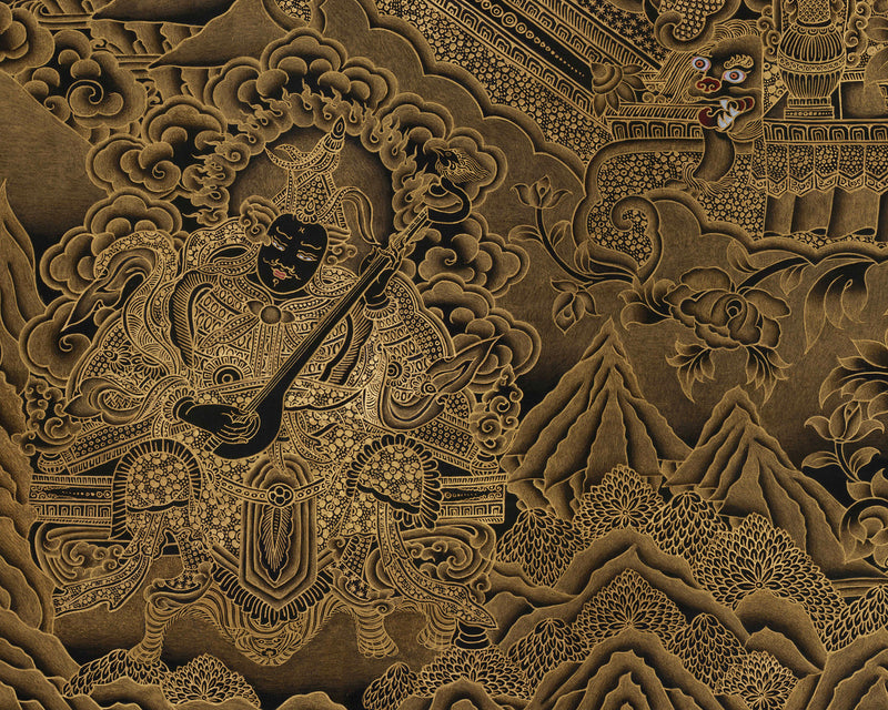 A Rare Collectable Artwork of Medicine Buddha | Four Heavenly Kings | 24K Gold Embellishments on Black Canvas