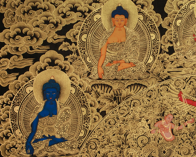 Opulent Gold Thangka of Historical Shakyamuni Buddha | The Awakened One in Elaborate Gold Throne