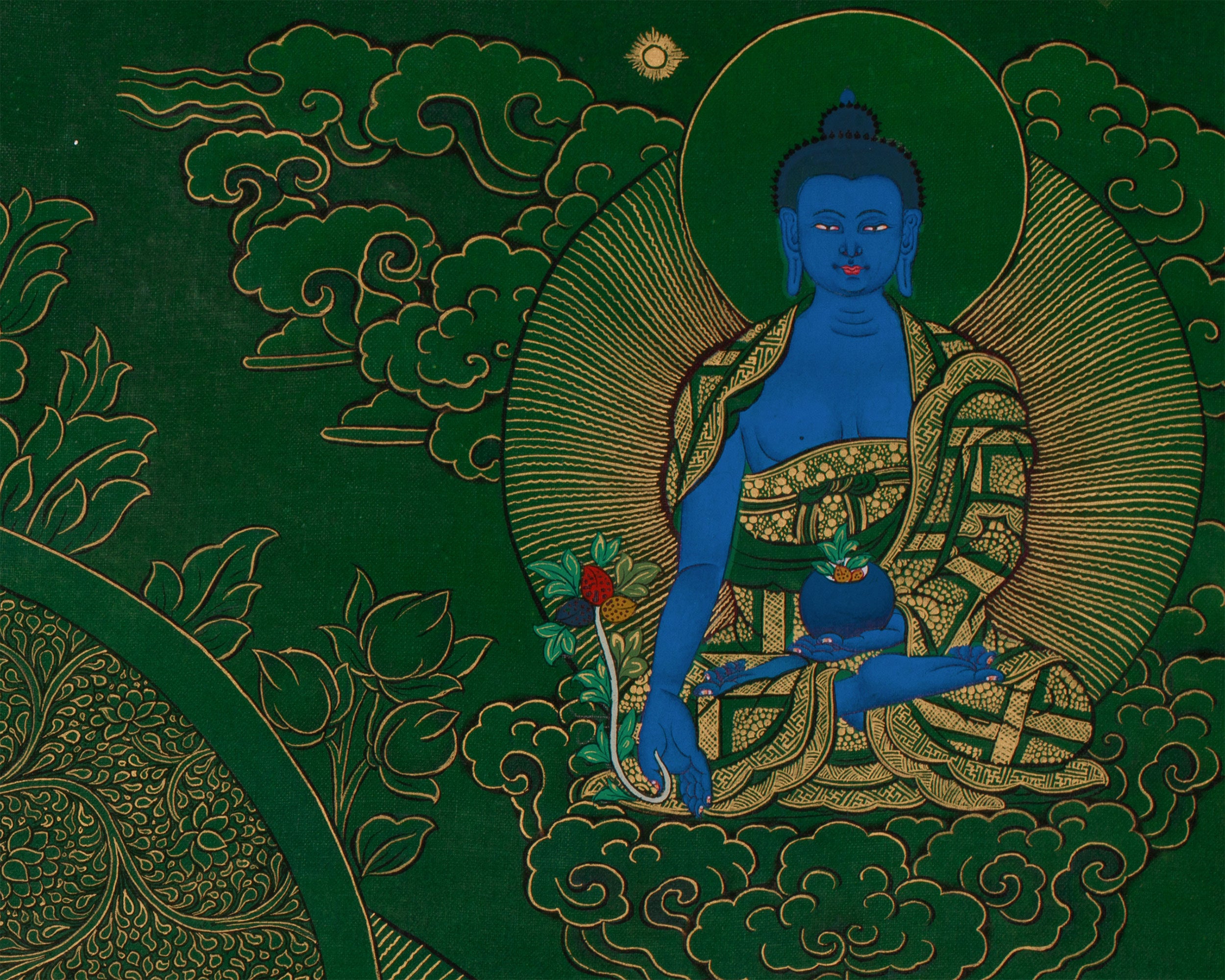Tibetan Manjushri on Green Canvas | Wisdom Deity with Shakyamuni, Medicine Buddha, and Namtoshe