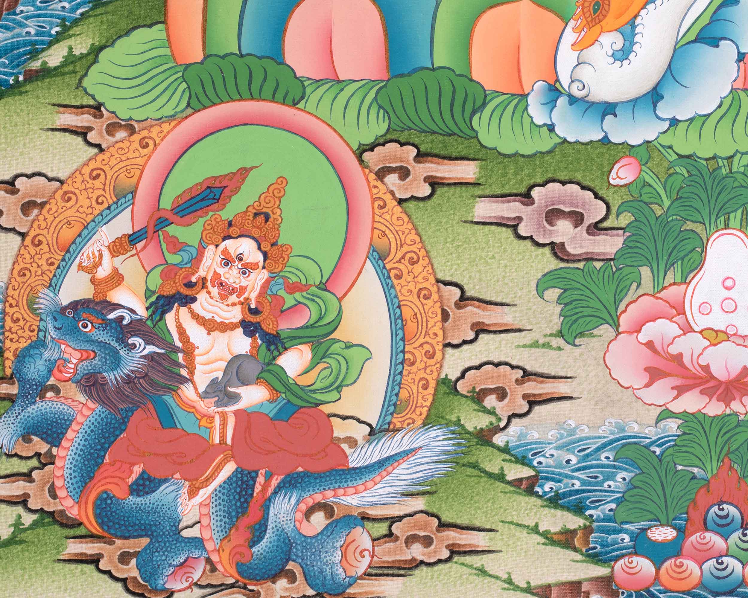 Five Dzambhalas Thangka | Featuring Amitabha Buddha | Hand-Painted on Cotton Canvas
