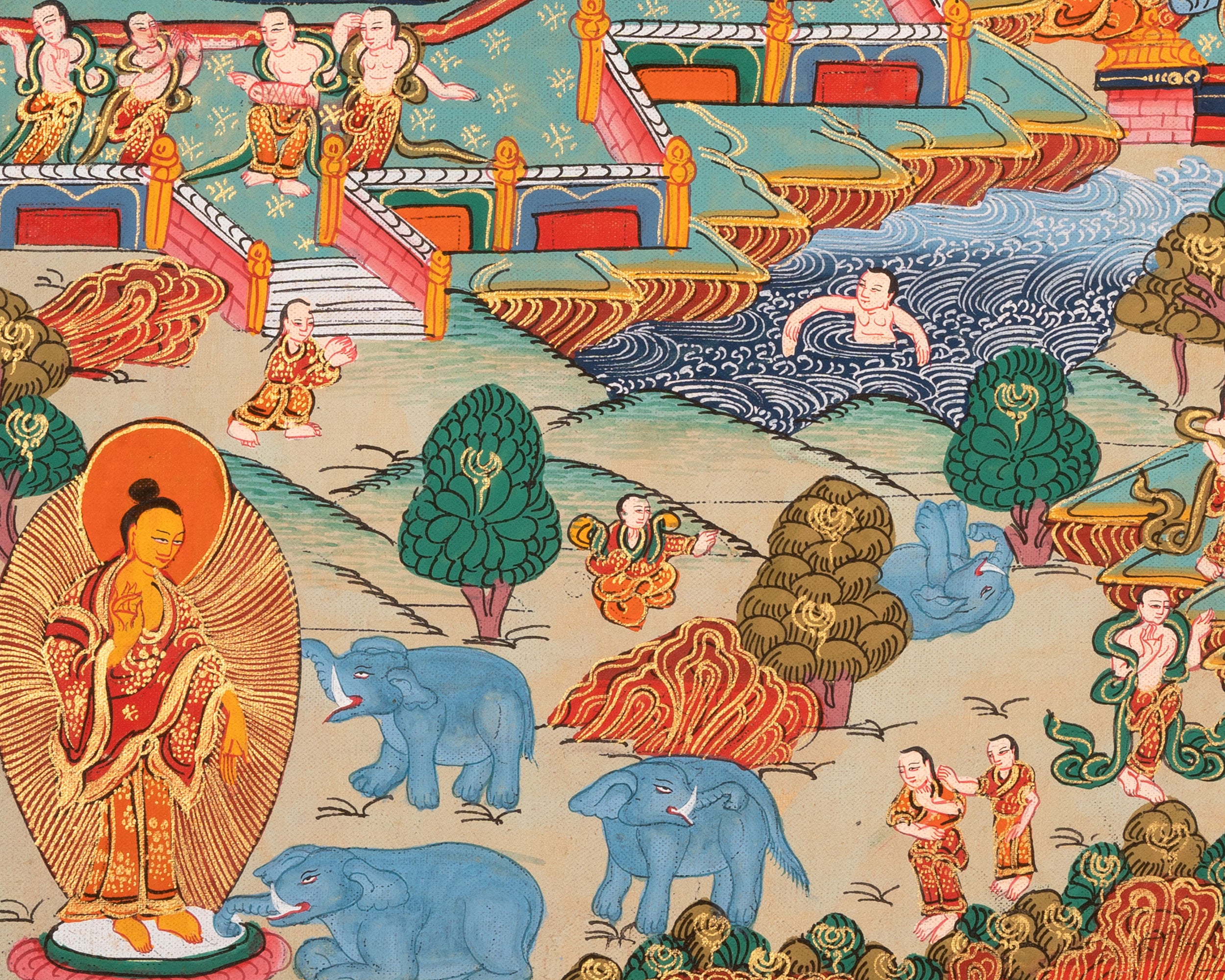 Vintage Buddha Life Thangka | Shakyamuni Buddha Story Thangka for Meditation