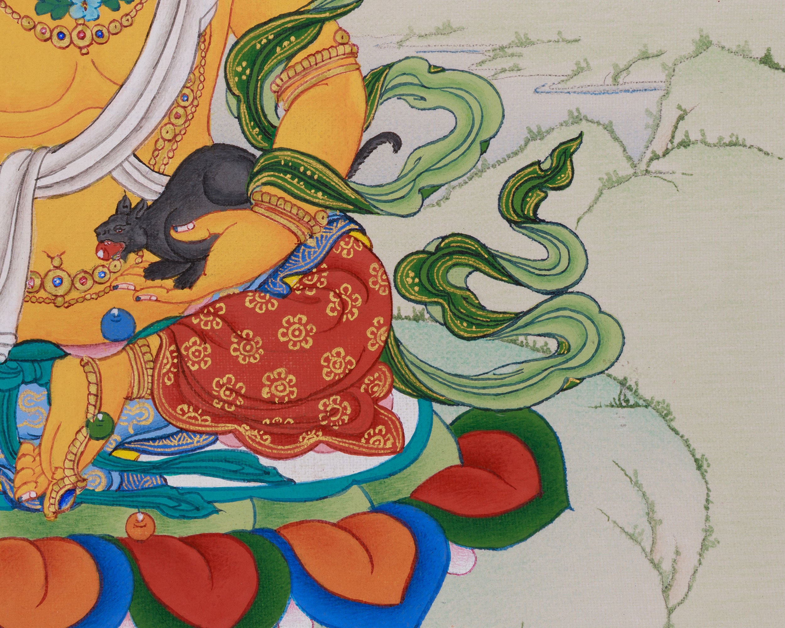 Hand-Painted Yellow Dzambhala Thangka | The Buddha of Prosperity and Fortune