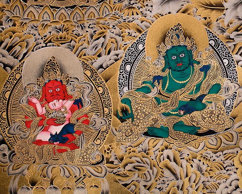 The Tranquil Presence of 4 arms Avalokiteshvara | Gold Embellished Thangka of Compassion