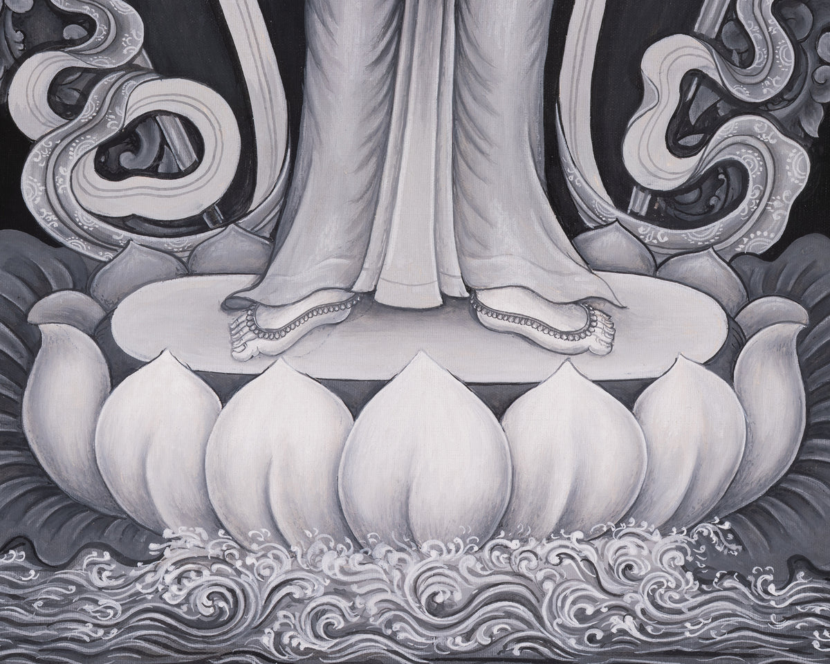 Black and White Bodhisattva Chenrezig Thangka | Avalokiteshvara Art | Compassion Deity