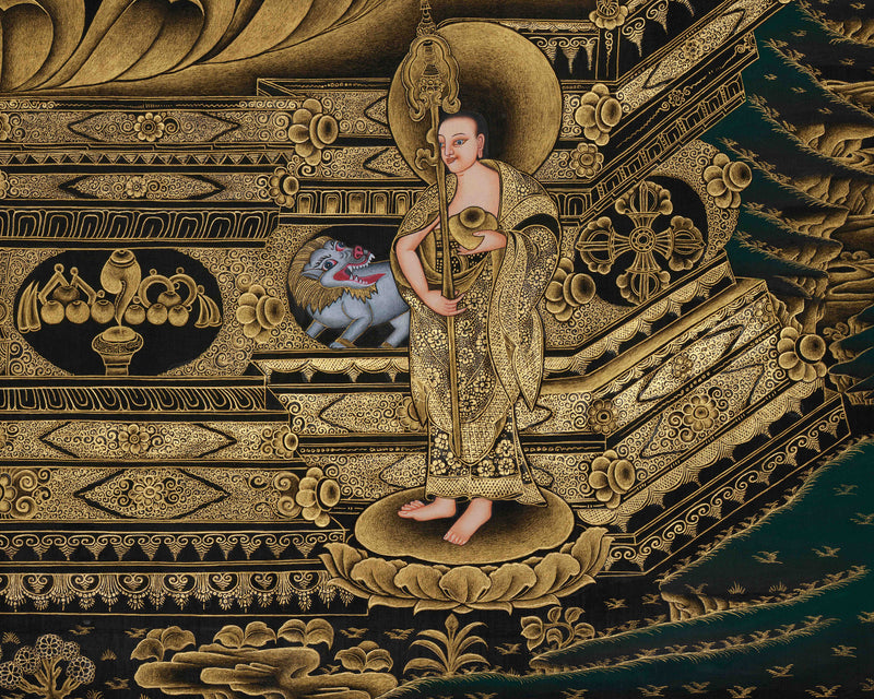 Enthroned Shakyamuni Buddha Gold Thangka | The Awakened One | The Supreme Teacher