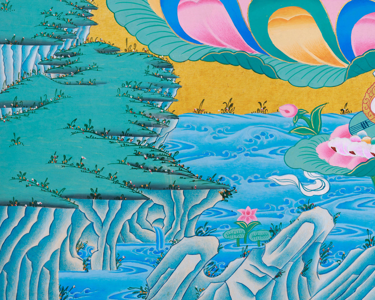 White Tara with Amitayus Buddha Art | Sacred Tibetan Longevity Thangka