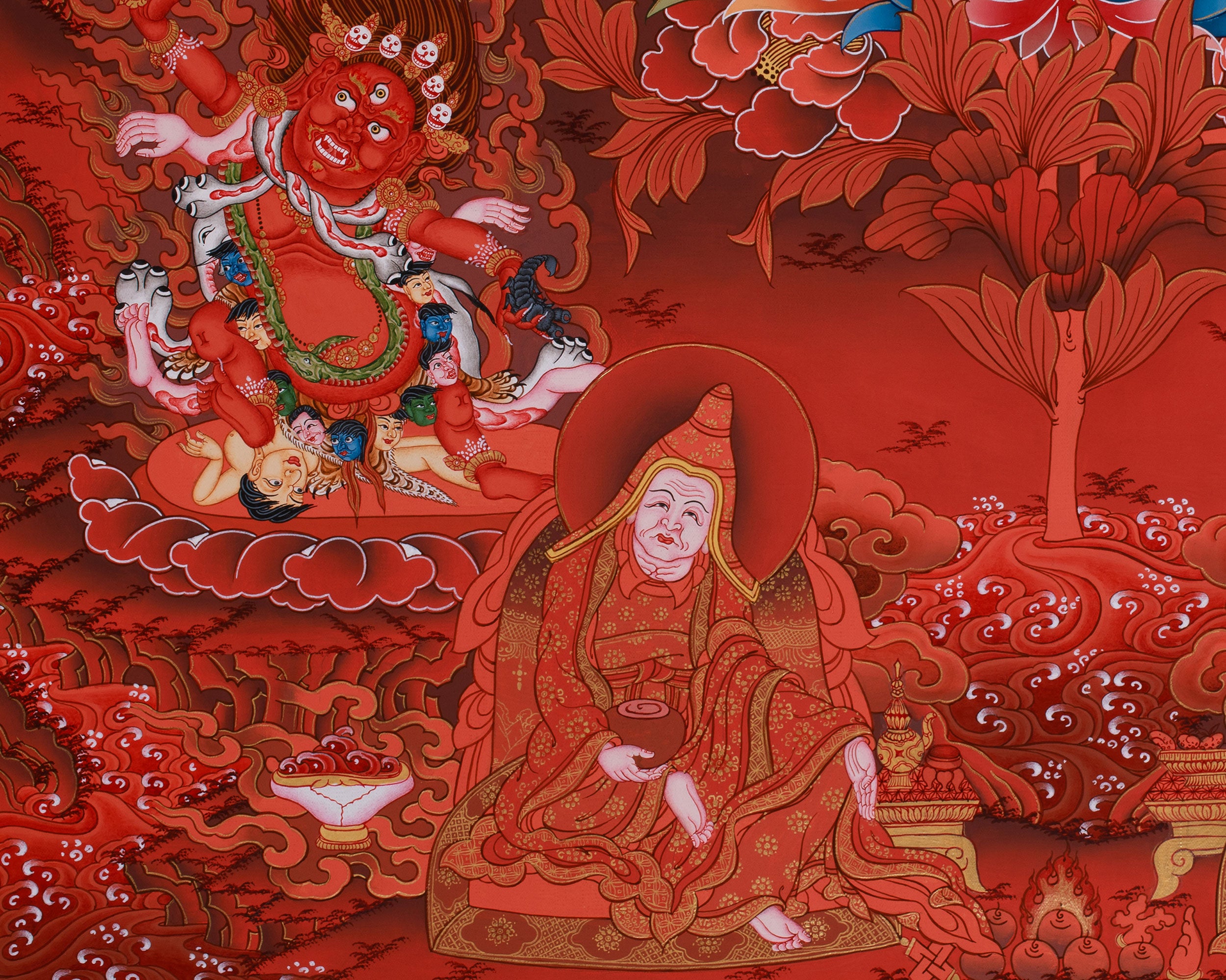 Peaceful Guru Tsokye Dorje | Red Hues Tibetan Artwork
