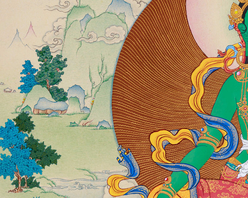 Radiant Green Tara Thangka Print, with Ushnisha (Namgyalma) and Pannasavari