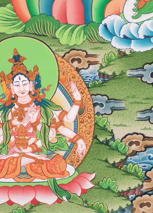 Handpainted Goddess Green Tara Thangka | Compassionate Deity