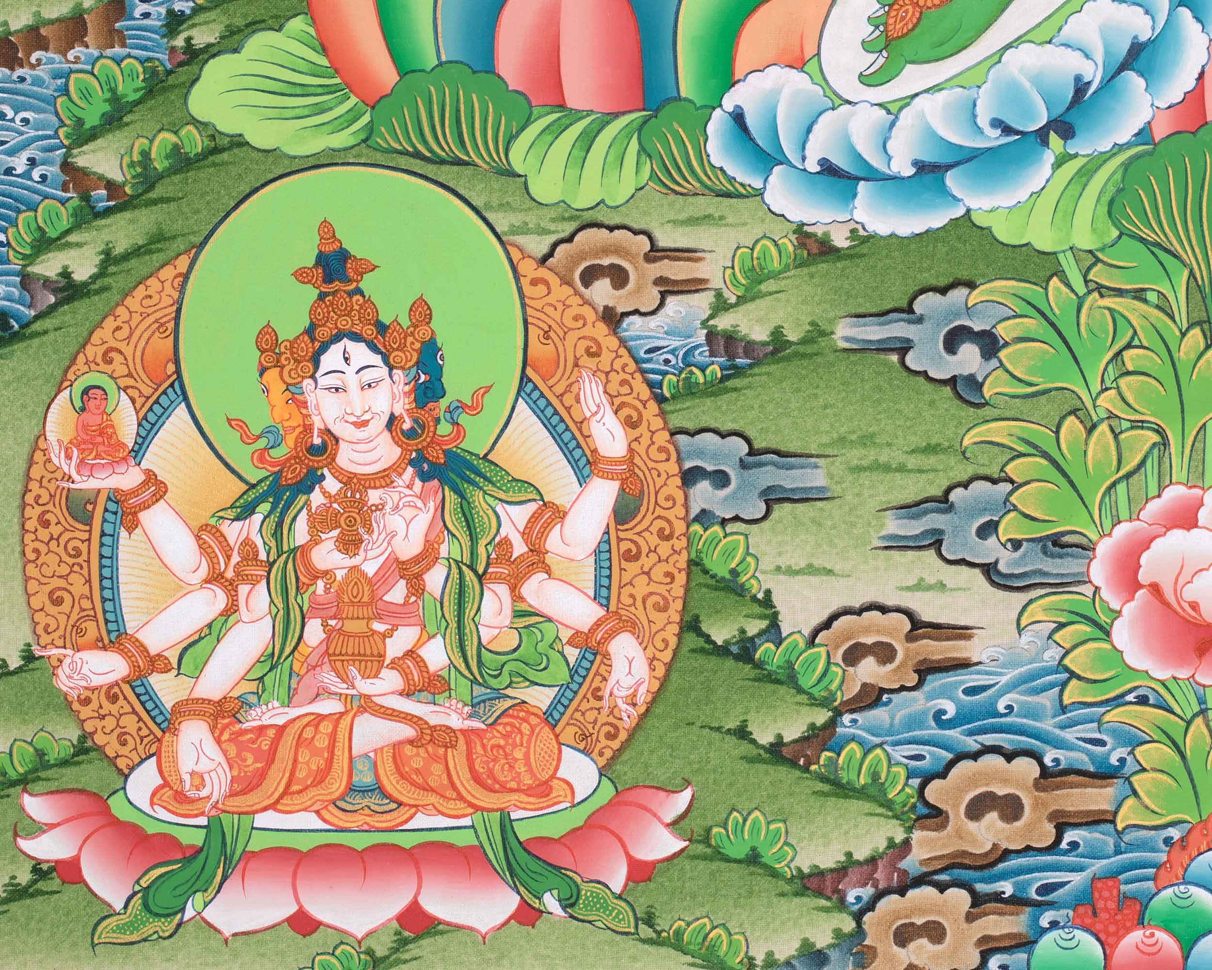 Handpainted Goddess Green Tara Thangka | Compassionate Deity