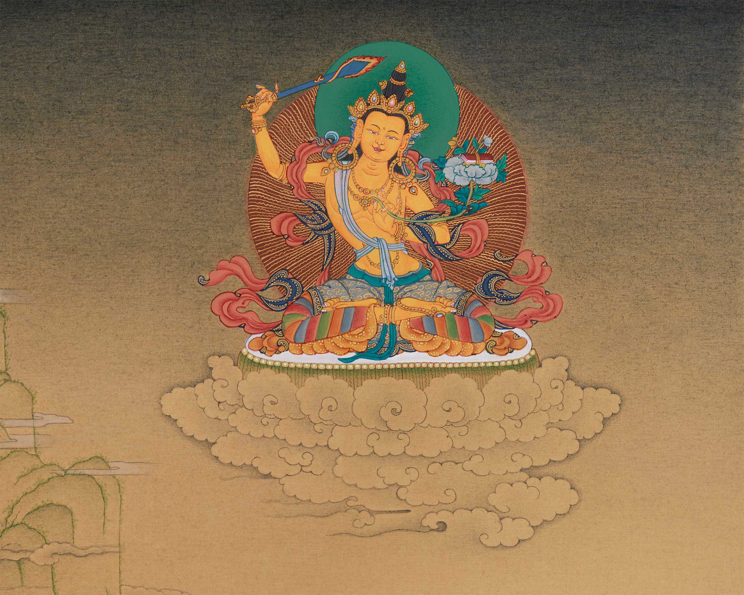 Grand 30x40 Inch Buddhist Thangka of Chenrezig, Manjushri, and Vajrapani | Symbol of Enlightened Trinity