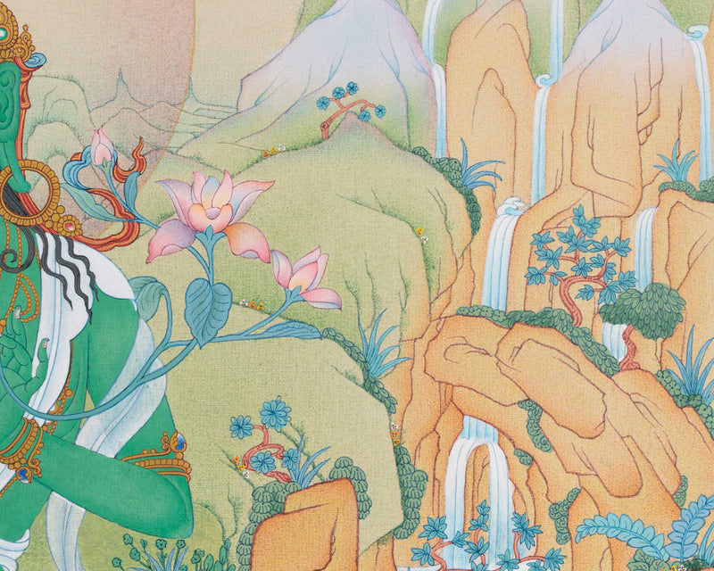 Buddhist Arya Tara Thangka Print | Green Tara Artwork | Goddess of Compassion