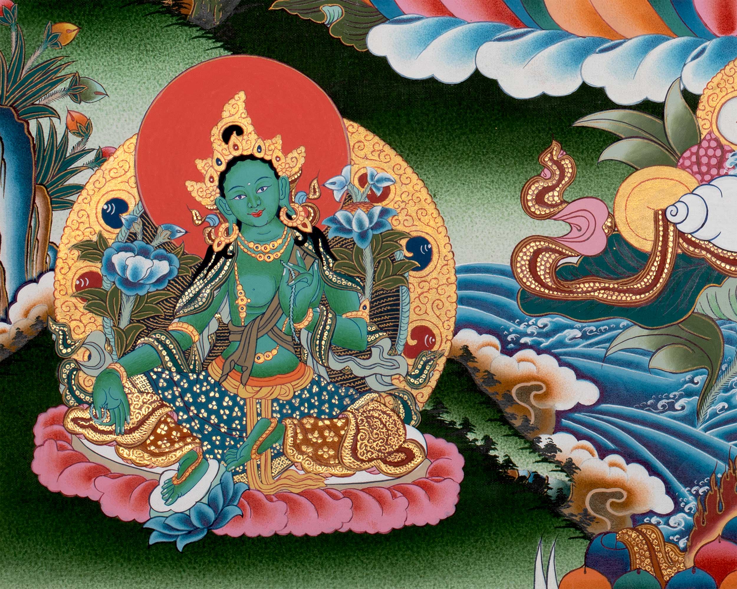 Maitreya Buddha Thangka Featuring Tsongkhapa, Guru Rinpoche, Green Tara & White Tara