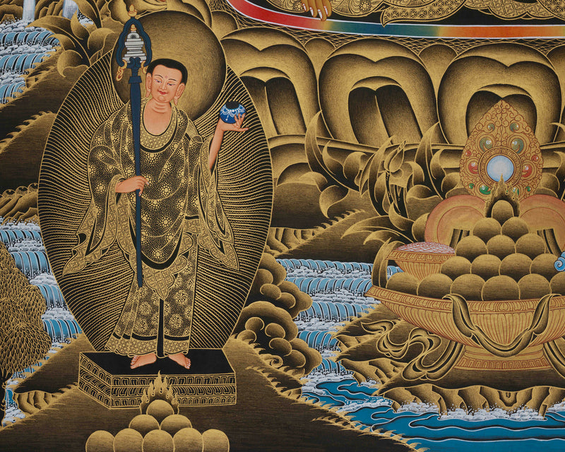 Gold Thangka of Shakyamuni Buddha | Five Dhyani Buddhas With Two Disciples