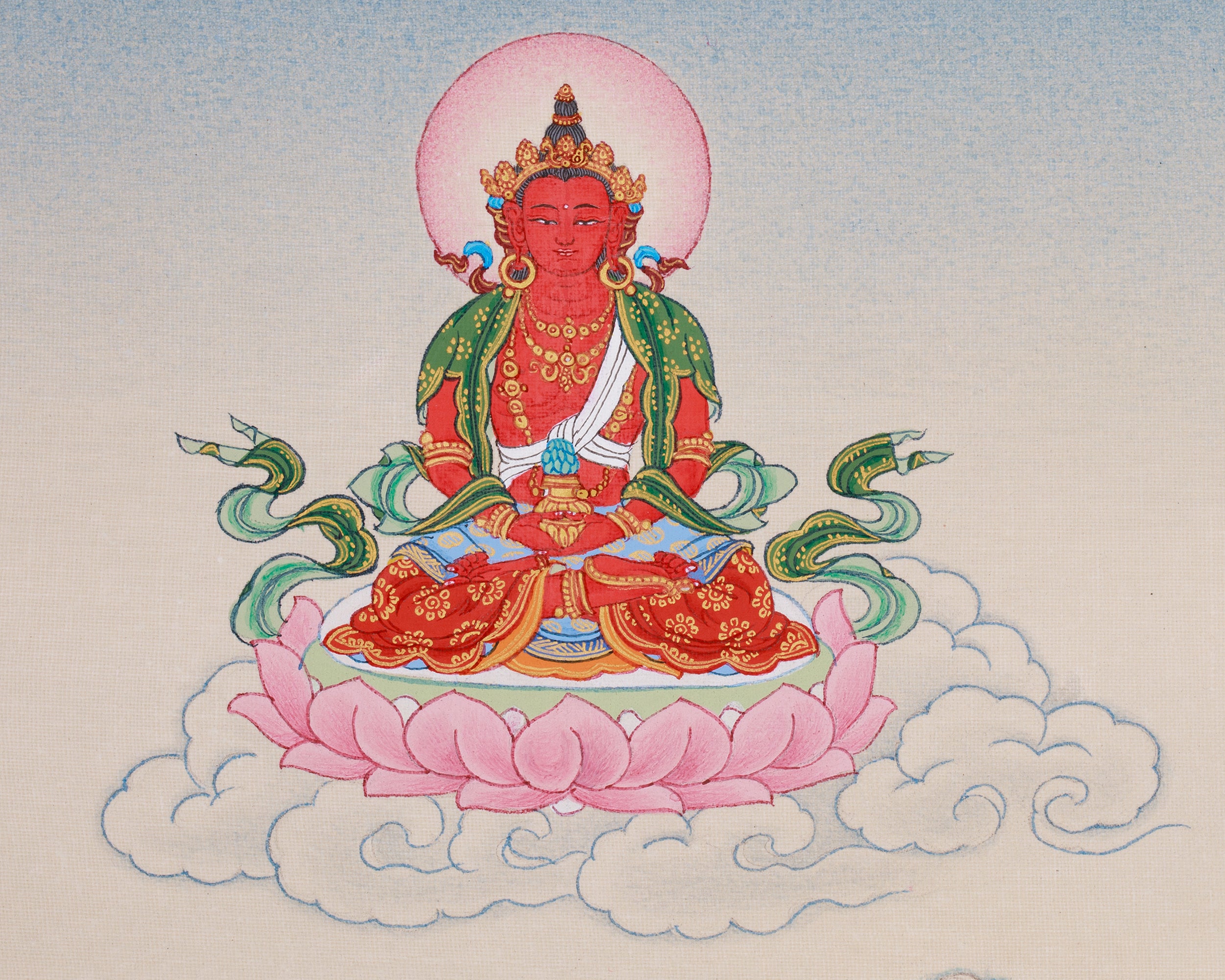 Thangka of Long-Life Deities: White Tara, Amitayus Buddha, and Namgyalma | Symbols of Protection