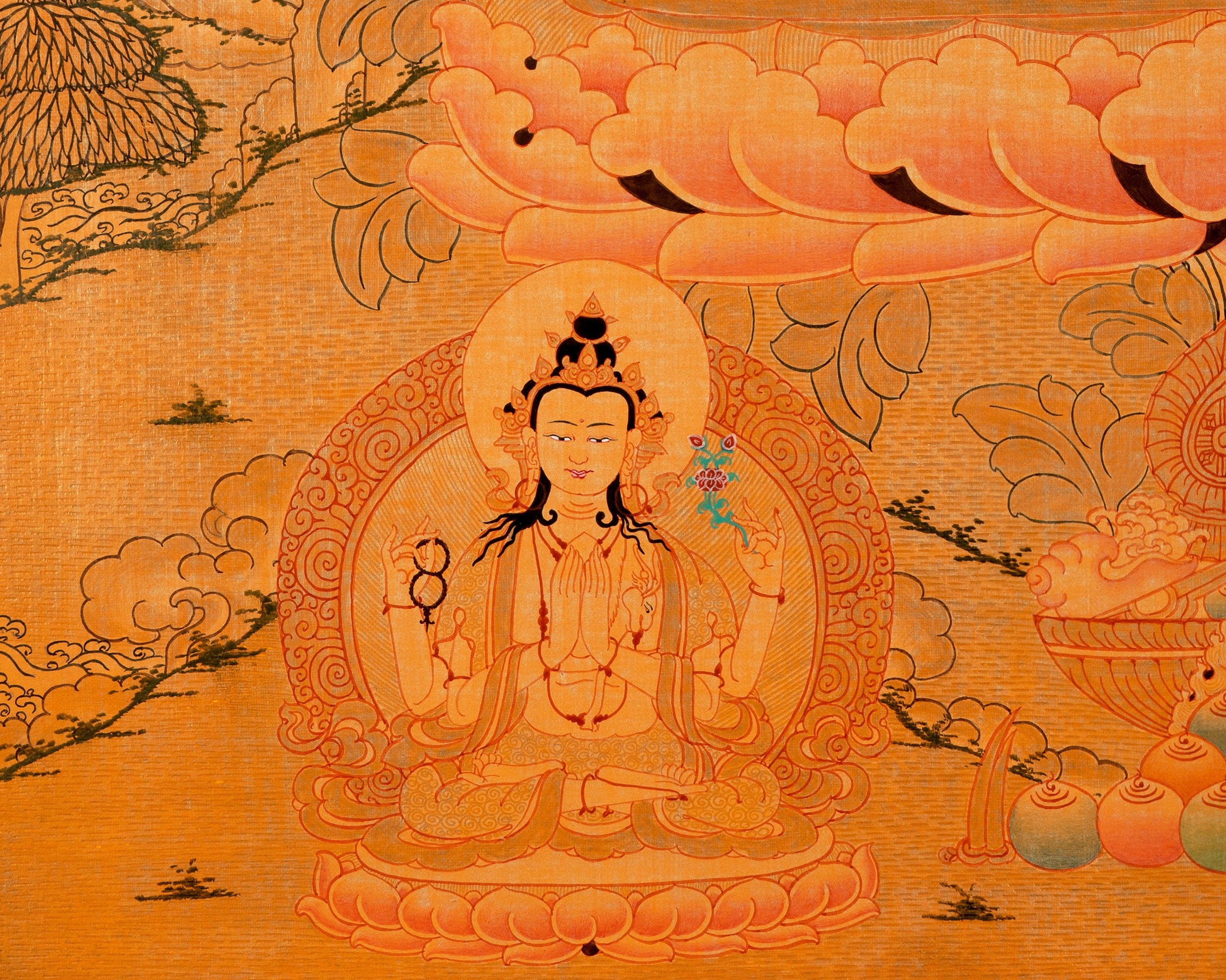 Gold Manjushri Thangka | Tibetan Buddhist Wall Decor Art
