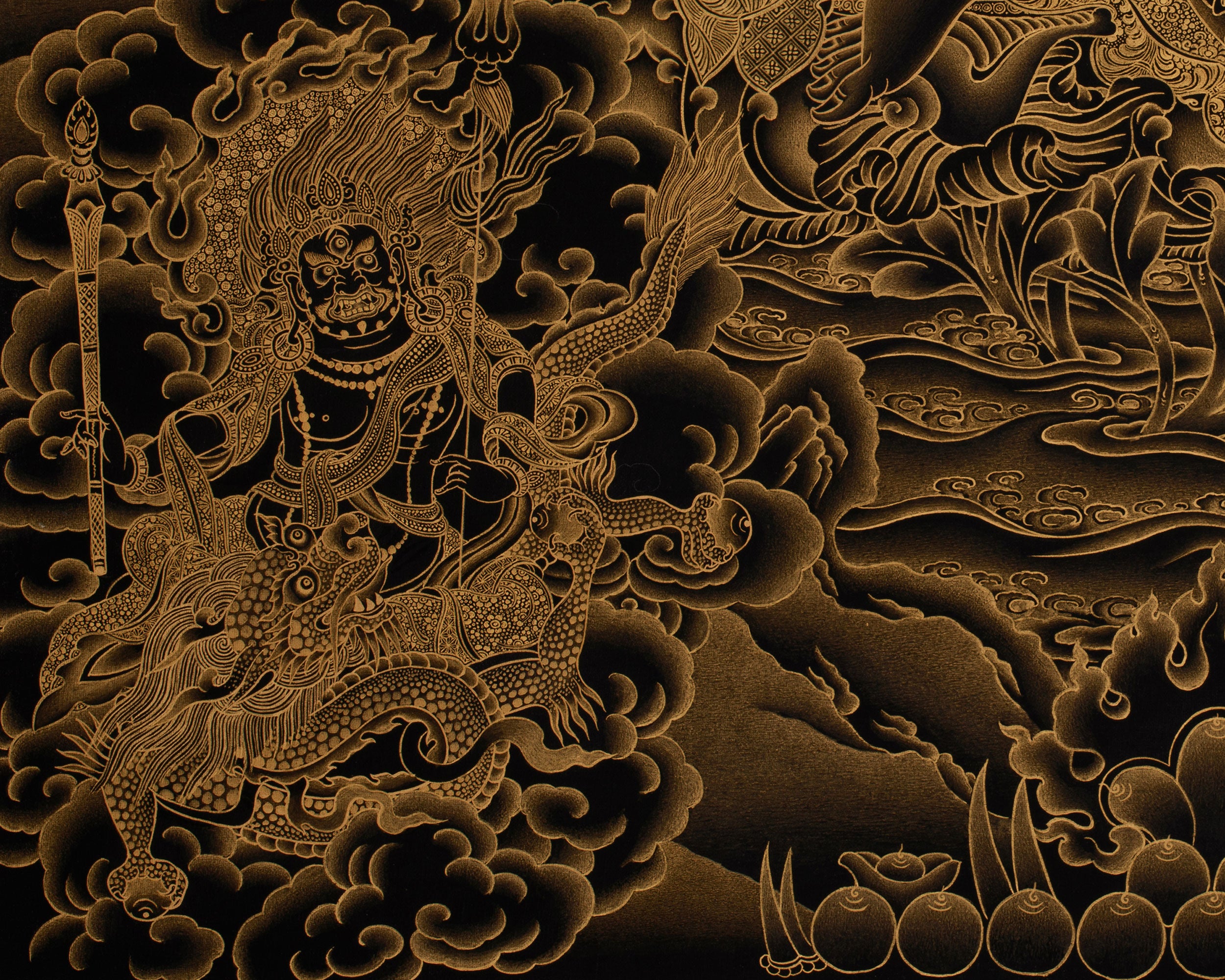 Gold on Black Five Dzambhalas Thangka | Hand-Painted Tibetan Wealth Deities