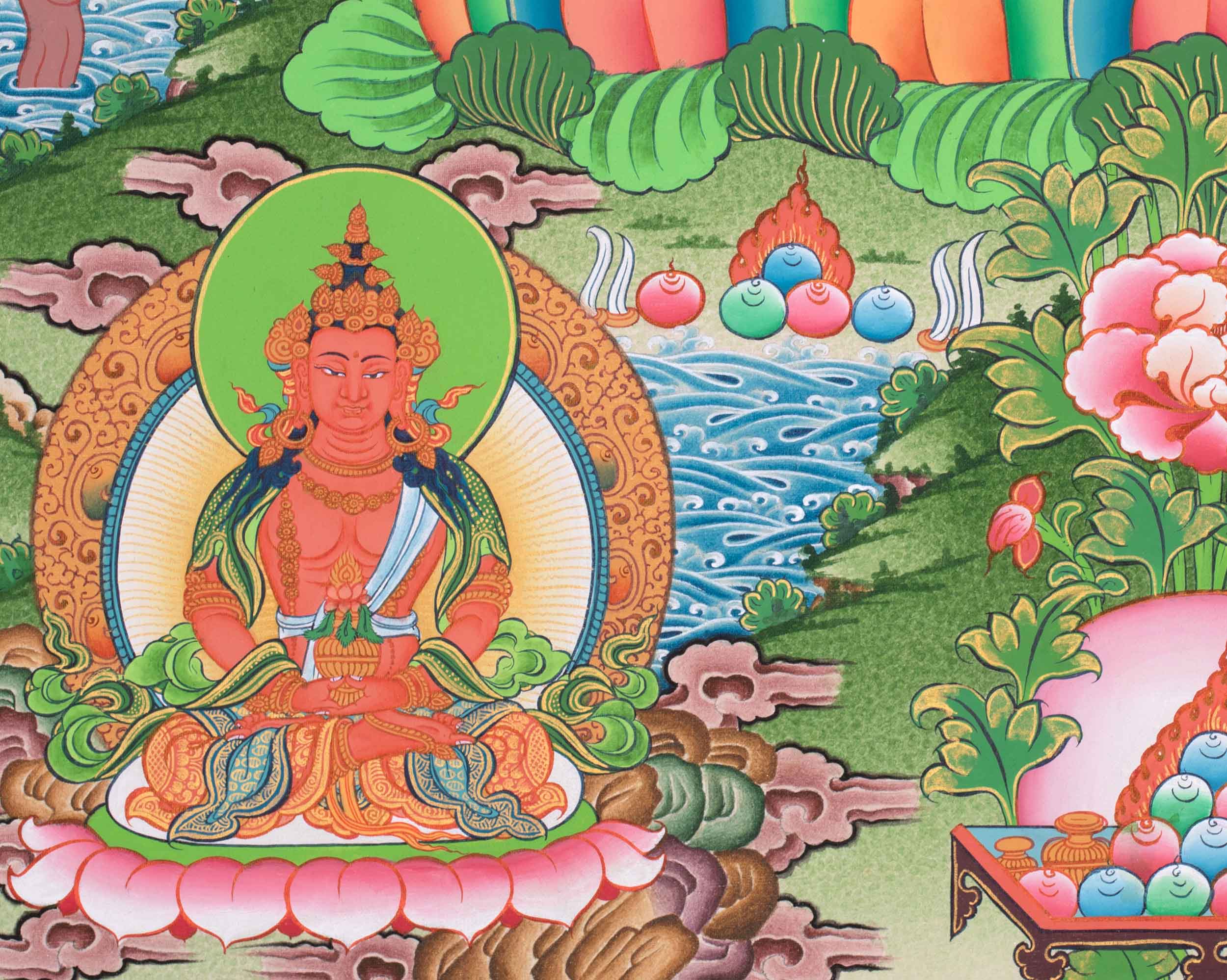 Female Buddhist Goddess, White Tara Thangka | 5 Dhyani Buddhas