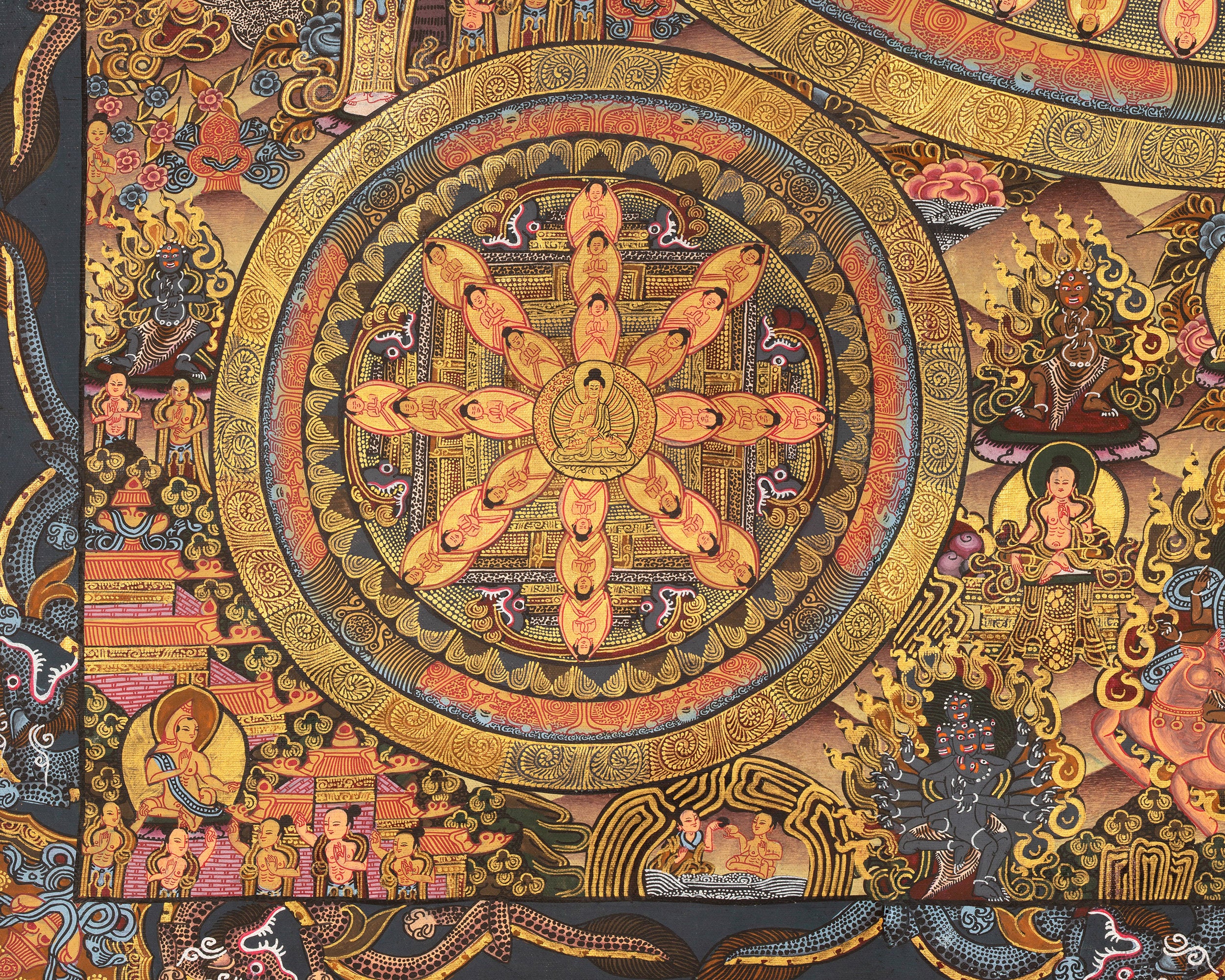 Detailed Buddha Mandala Thangka | Gold Adorned Buddhist Artwork