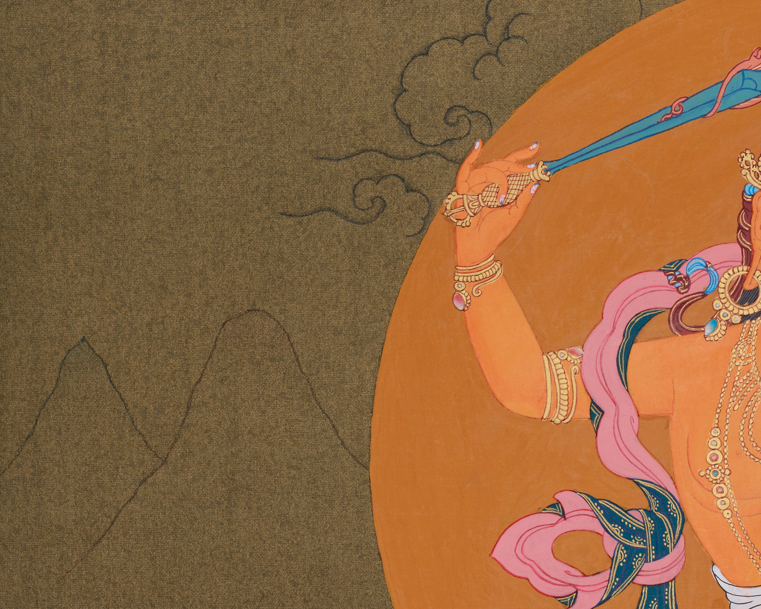 Tibetan Buddhist Manjushri with Chenrezig and Vajrapani | Thangka of Three Bodhisattvas