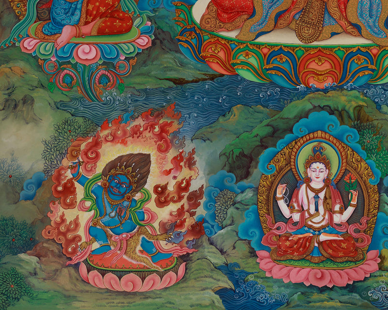 Divine Wisdom Manjushri Thangka Print | 5 Dhyani Buddhas | Bodhisattva Newari Canvas Art