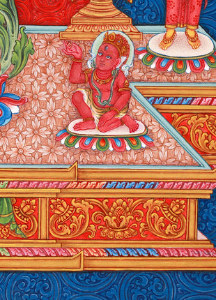 Standing Avalokiteshvara (Guanyin) Thangka Print | 5 Dhyani Buddhas |  High-Quality Giclee Print for Meditation | Paubha Painting