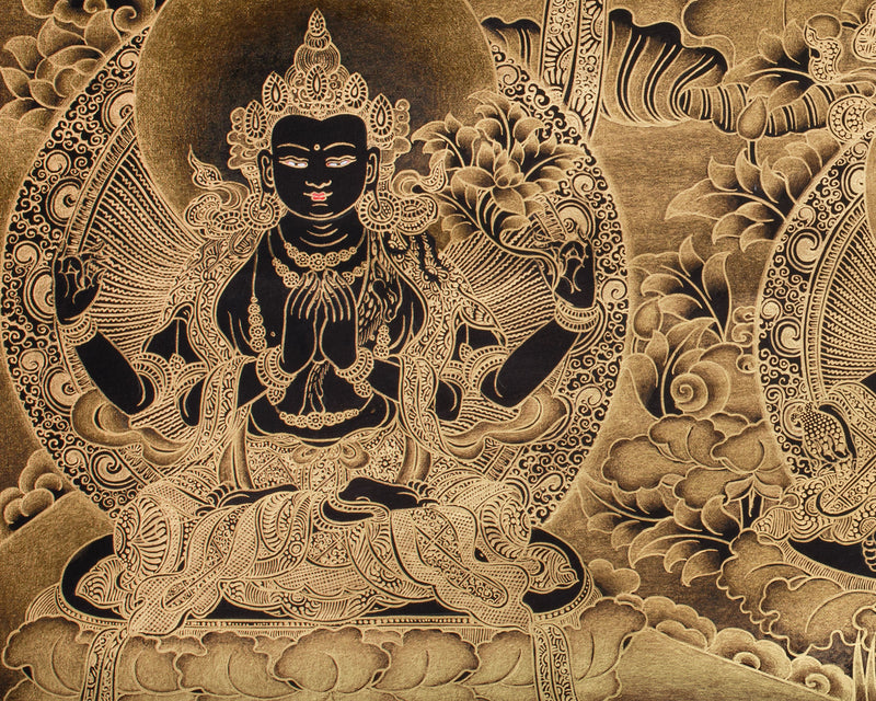 Bodhisattva Akasagarbha Thangka | Fully Gold Embellished on Black Canvas