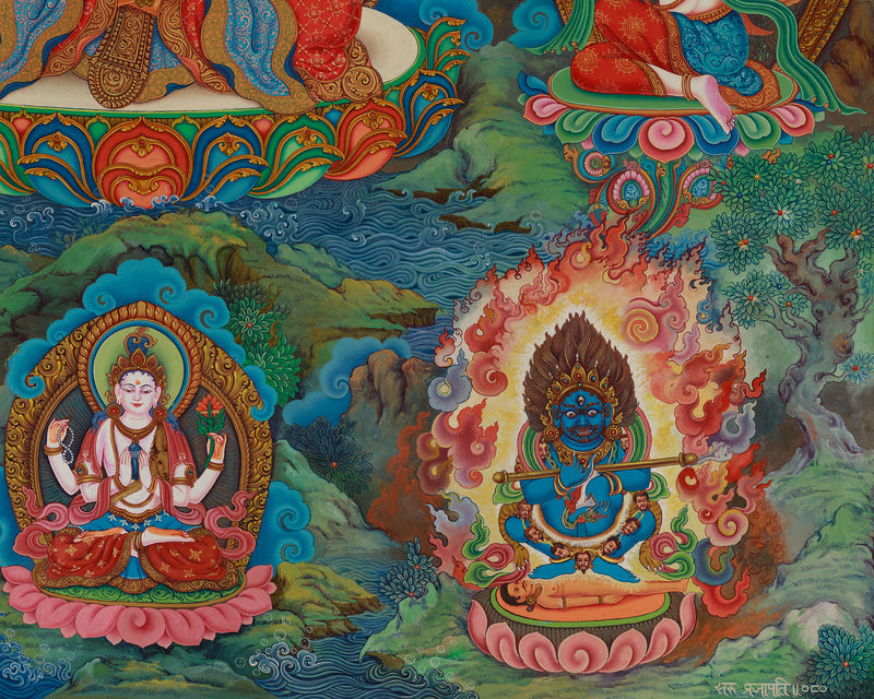 Exquisite Manjushri Painting | 5 Dhyani Buddhas and Bodhisattva | Tibetan Buddhist Wisdom Art