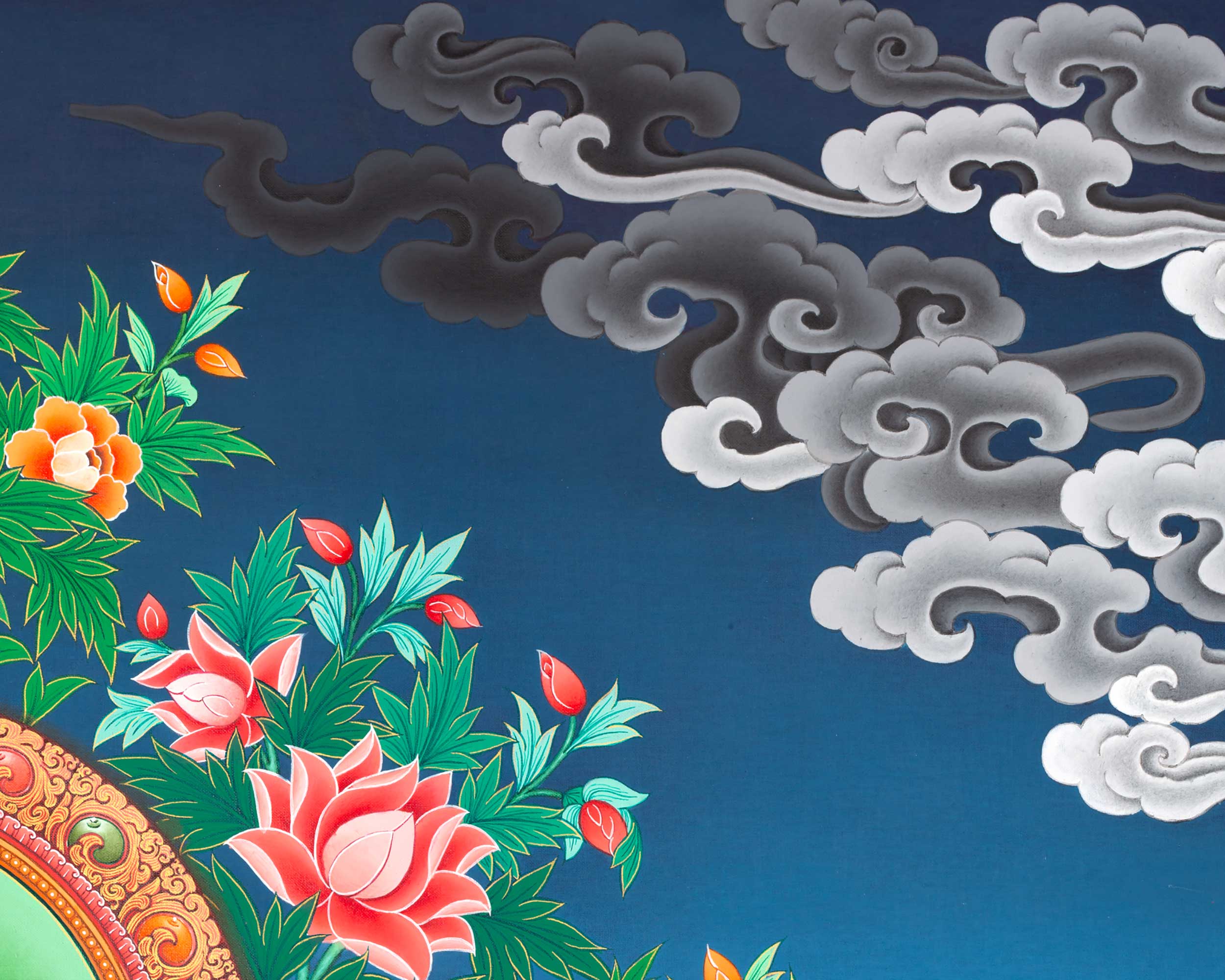 Amitabha Buddha with His Two Chief Disciples Thangka | The Buddha of Infinite Light