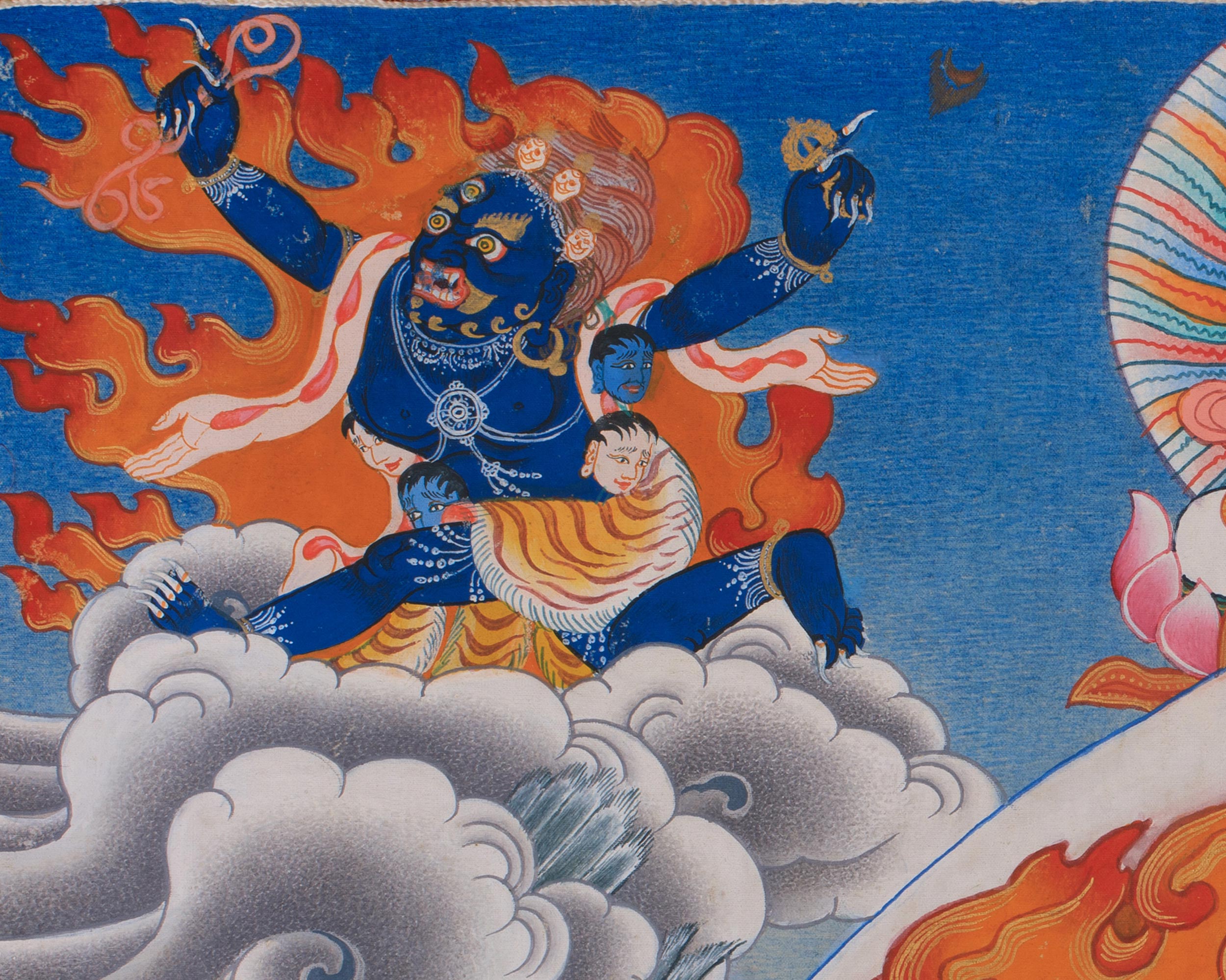 Six-Arms Mahakala Thangka With Brocade | Tibetan Protector Deity for Powerful Protection