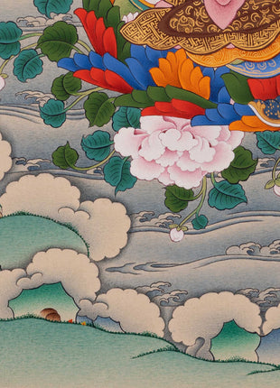 Guru Rinpoche with Chenrezig and Amitabha Buddha Thangka