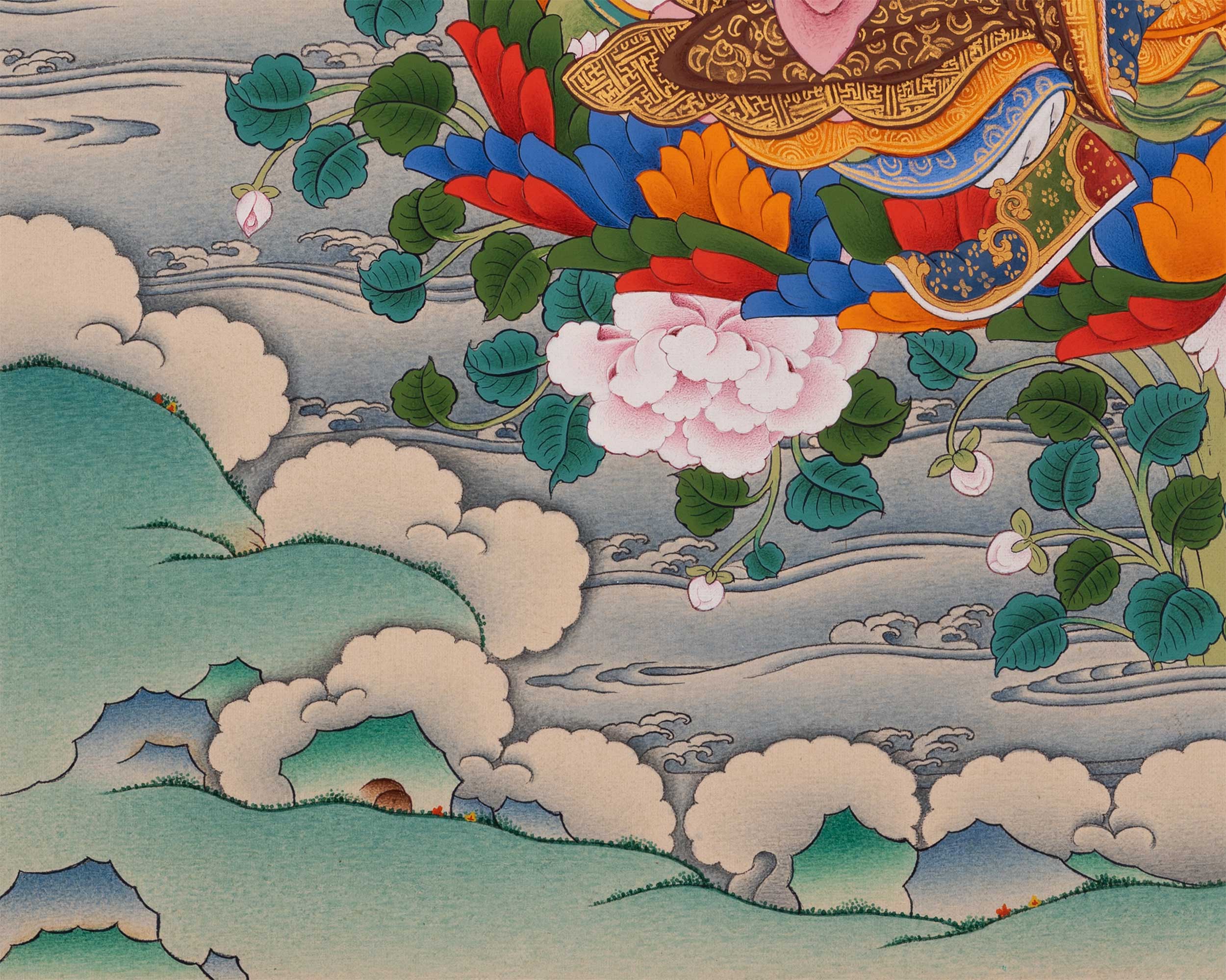Guru Rinpoche with Chenrezig and Amitabha Buddha Thangka