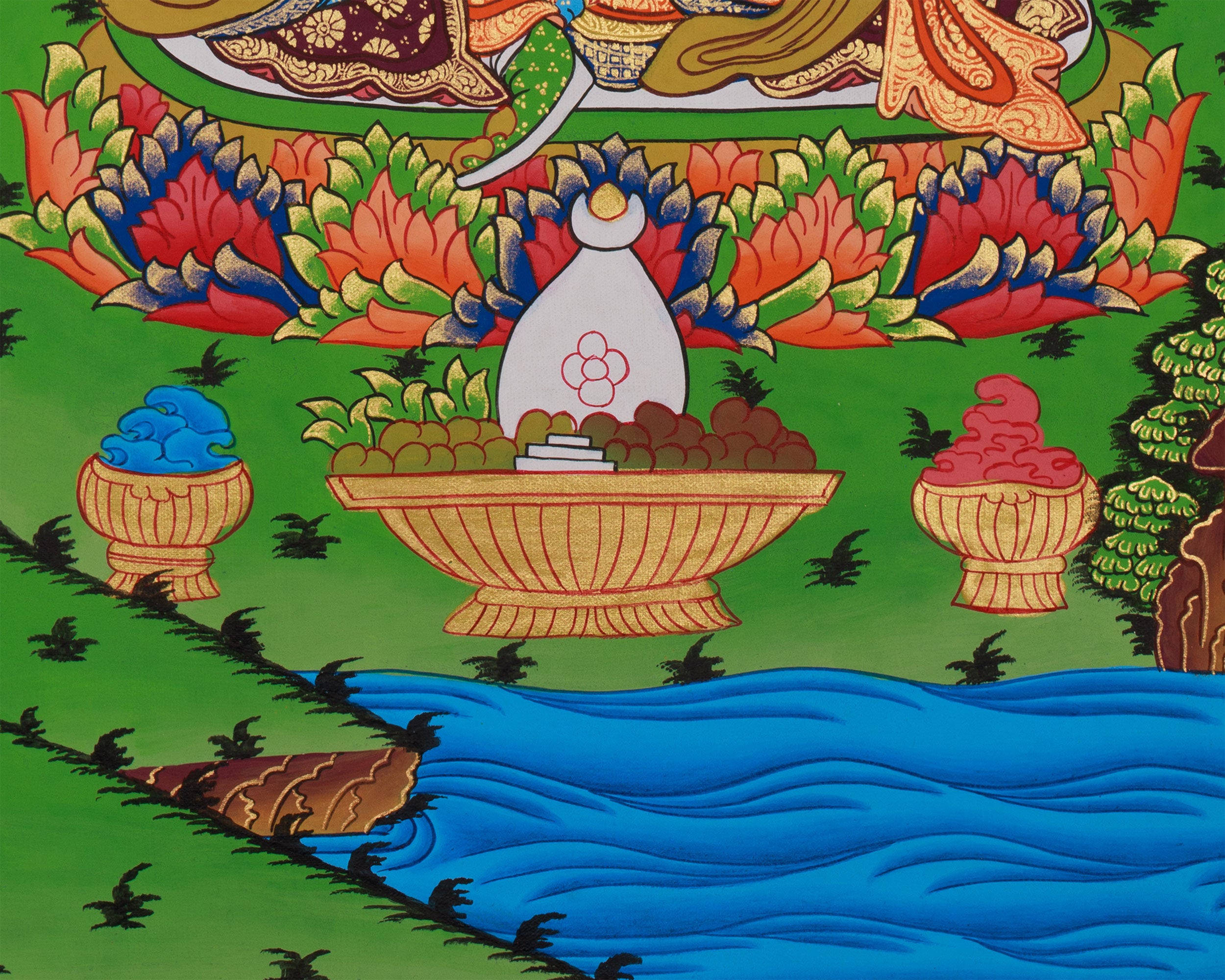 Traditional Buddha Shakyamuni Art | Enlightened One with Guru Rinpoche and Chenrezig