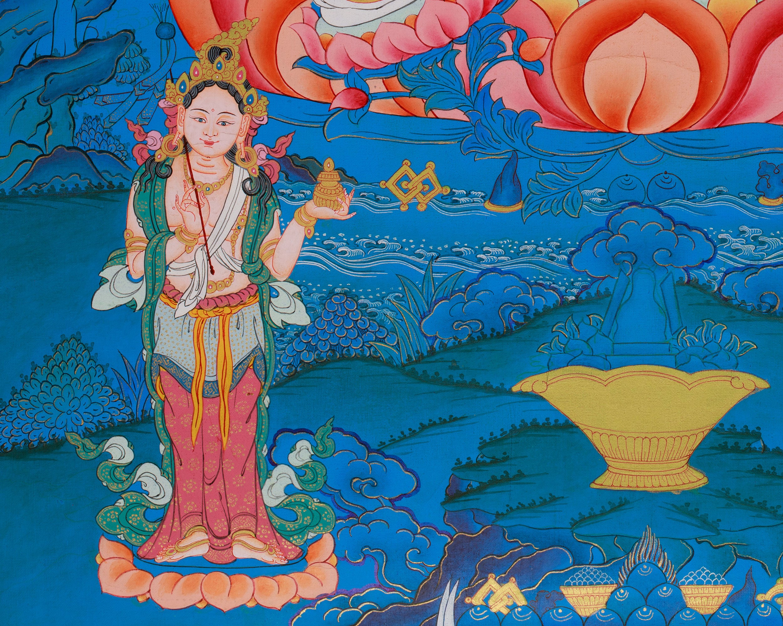 Guru Padmasambhava Artwork | Tibetan Thangka with Enlightened Beings and 24K Gold Detailing