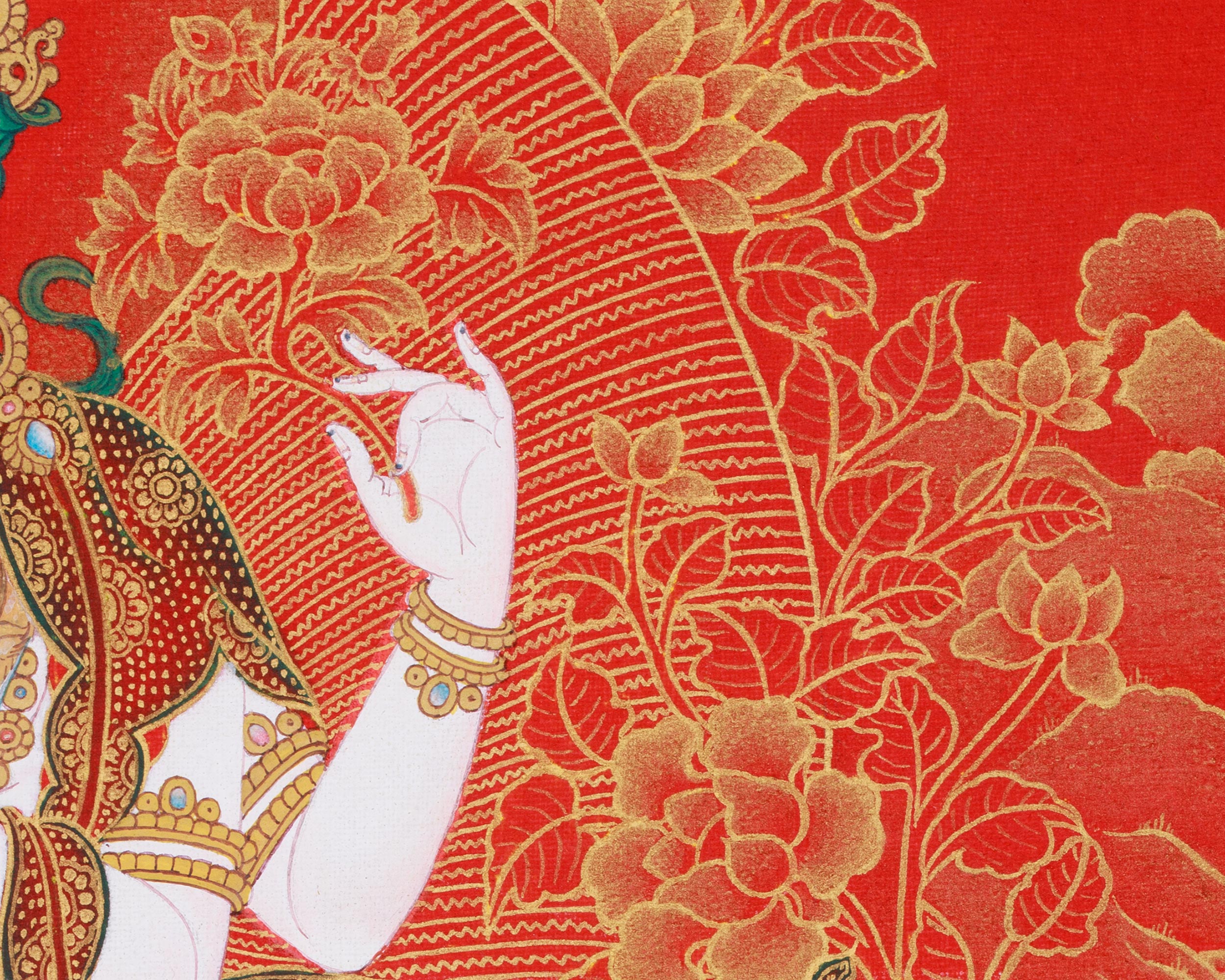 4 Arms Chenrezig Thangka | Nakthang Style with 24K Gold on Red Canvas