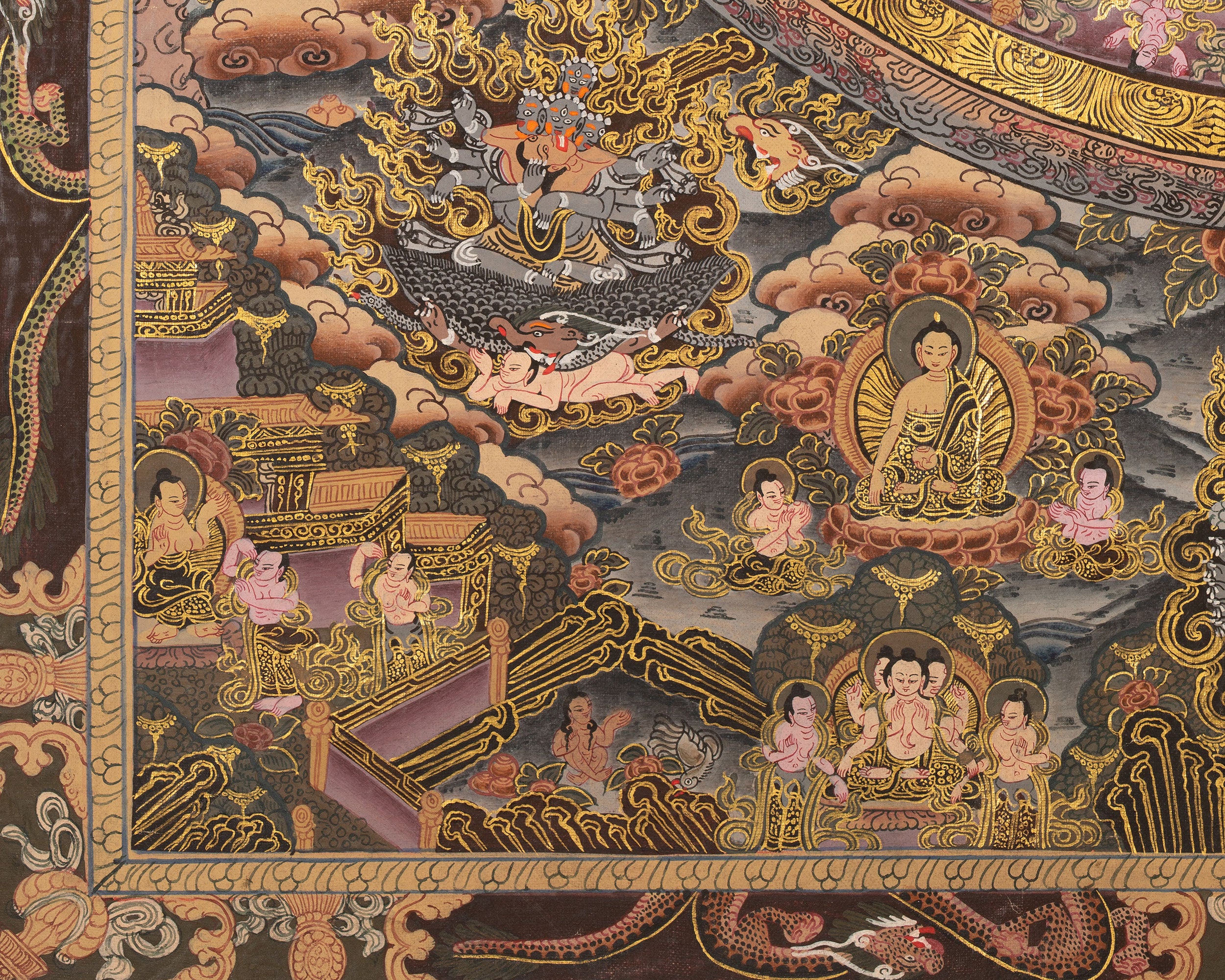 Traditional Buddha Mandala | 24K Gold Tibetan Thangka of Peace and Awakening