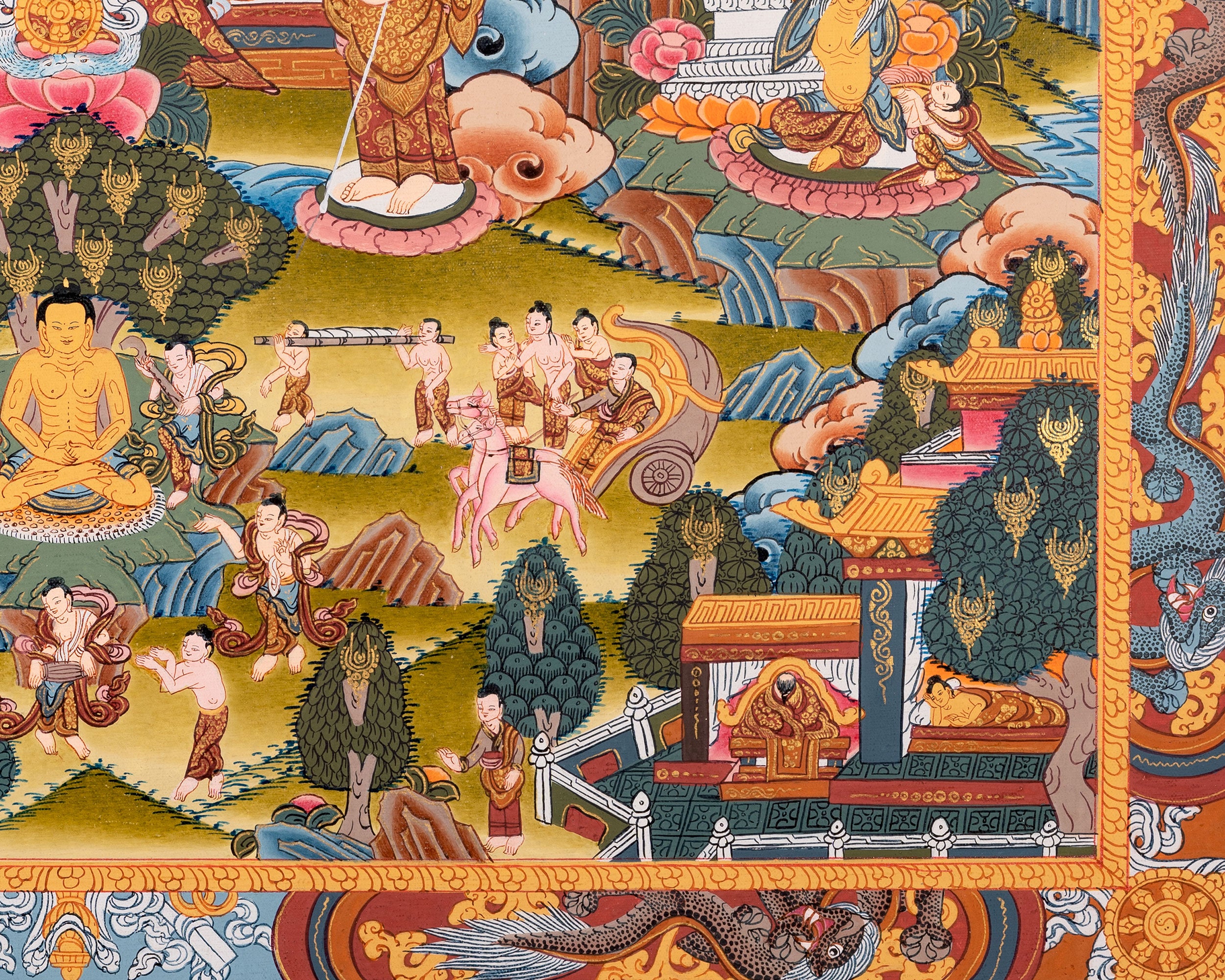 Buddha's Story to Enlightenment Thangka | A Spiritual Artwork of Compassion and Wisdom