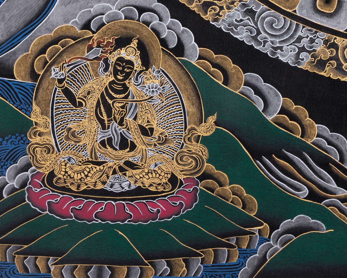 Original Hand Painted Black And Gold Style Chengrezig Mandala Thangka | Tibetan Buddhist Meditation And Yoga Art |