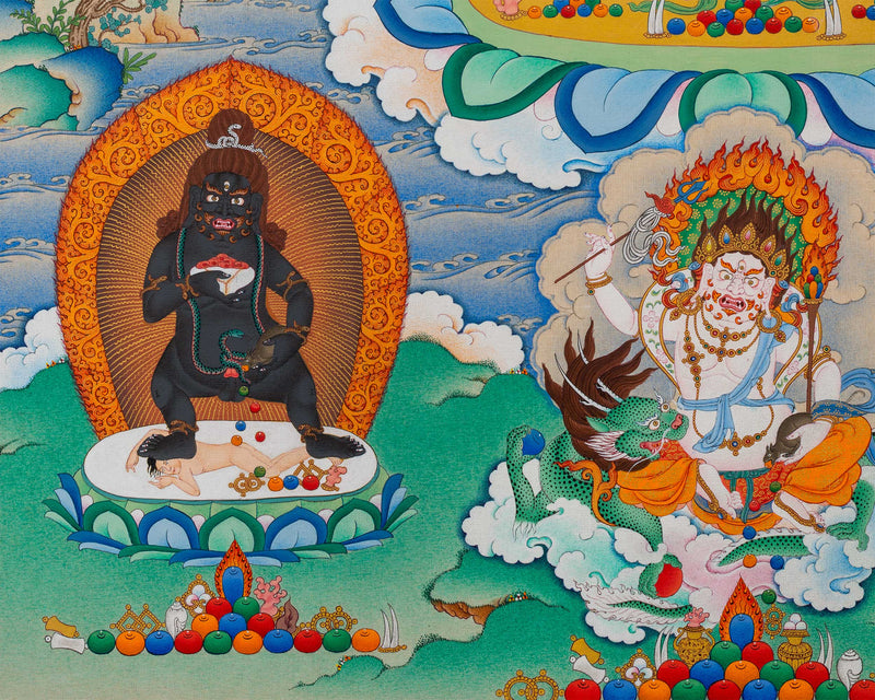 Thangka Print of White Mahakala with Five Jambala: Assembly of Wealth Deities