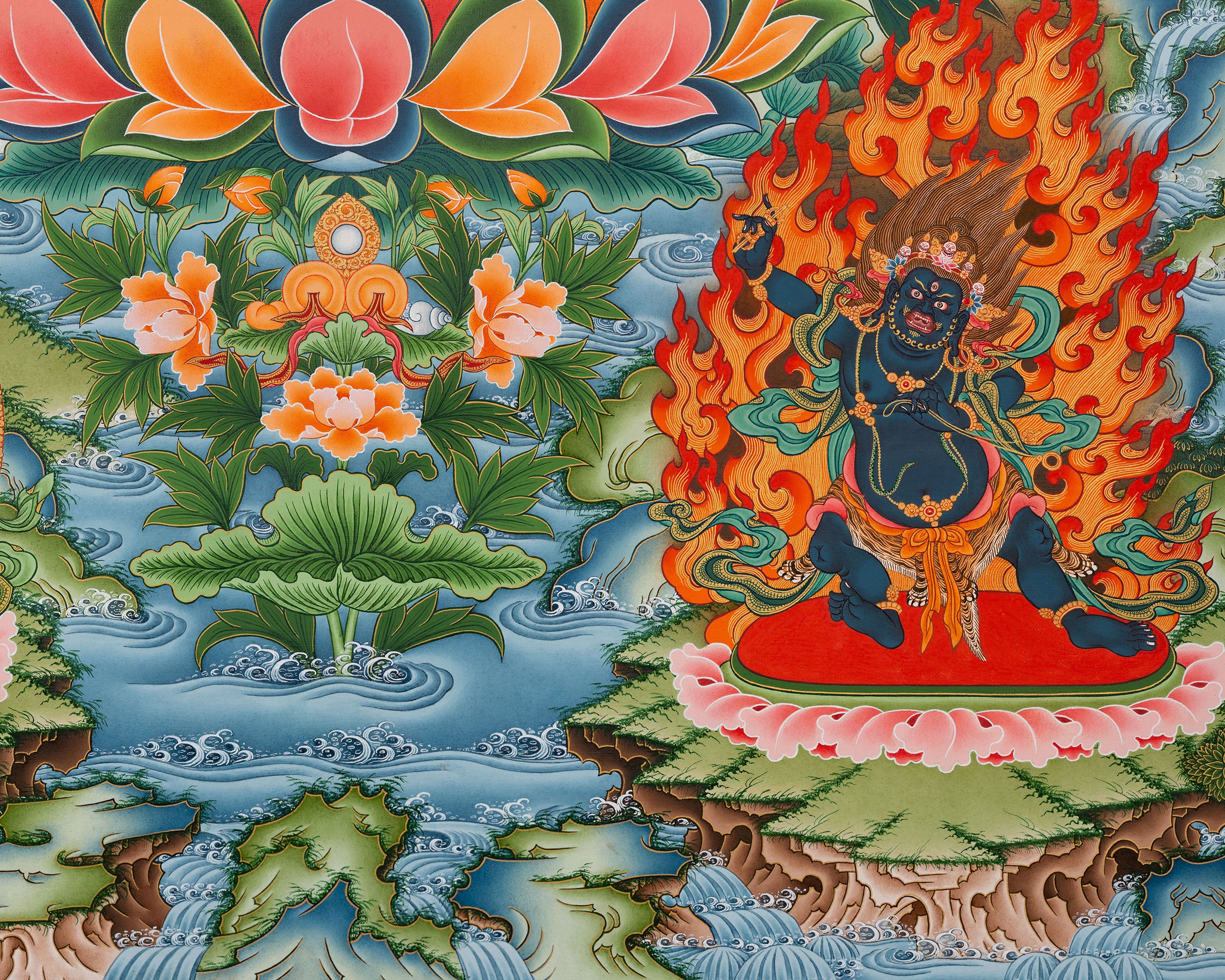 Divine Compassion in Eri Style: Avalokiteshvara Artwork with Amitabha Buddha, Manjushri and Vajrapani Figures