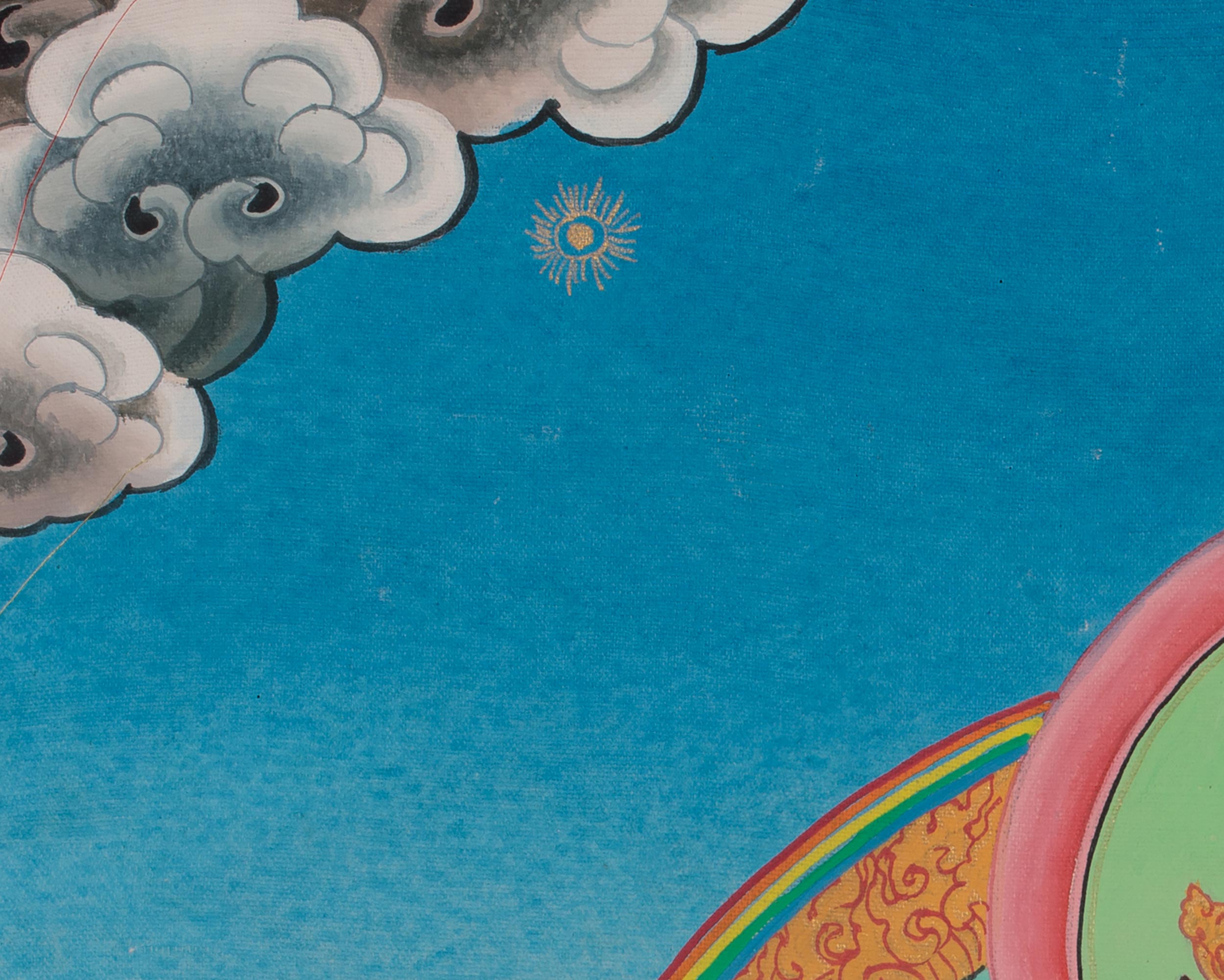 Future Buddha Maitreya Thangka | Sacred Art with Blue and Red Silk Brocade