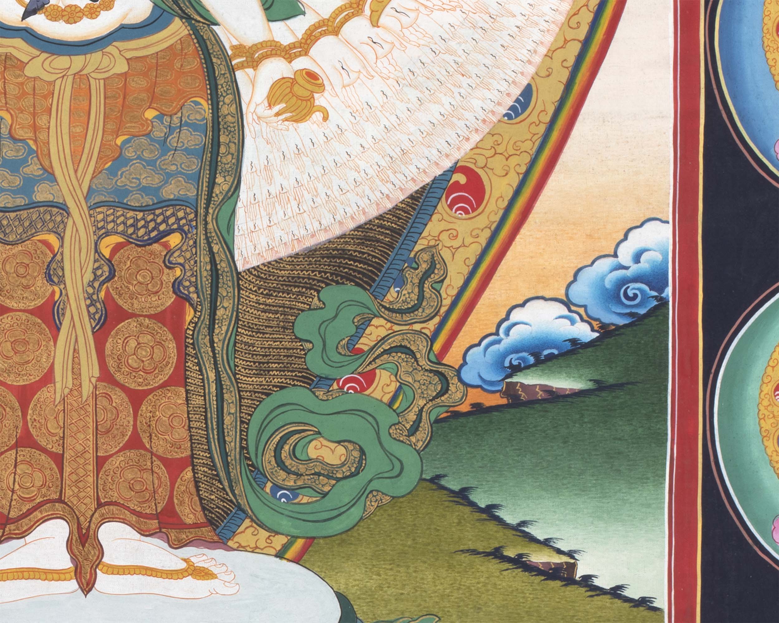 1000 Armed Chenrezig Thangka Print Surrounded by Celestial Deities | Traditional Buddhist Artwork