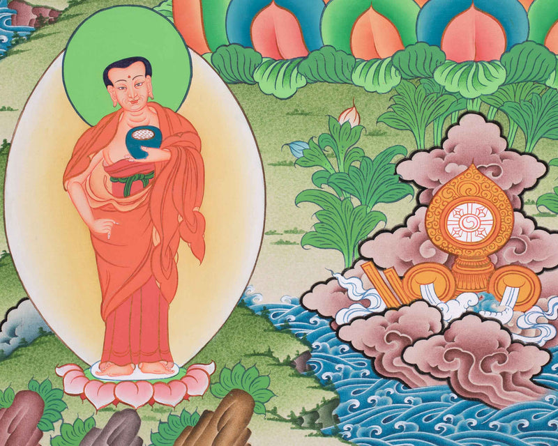 Buddha Shakyamuni Thangka | Featuring Two Disciples and Mantra | Tibetan Buddhist Arts