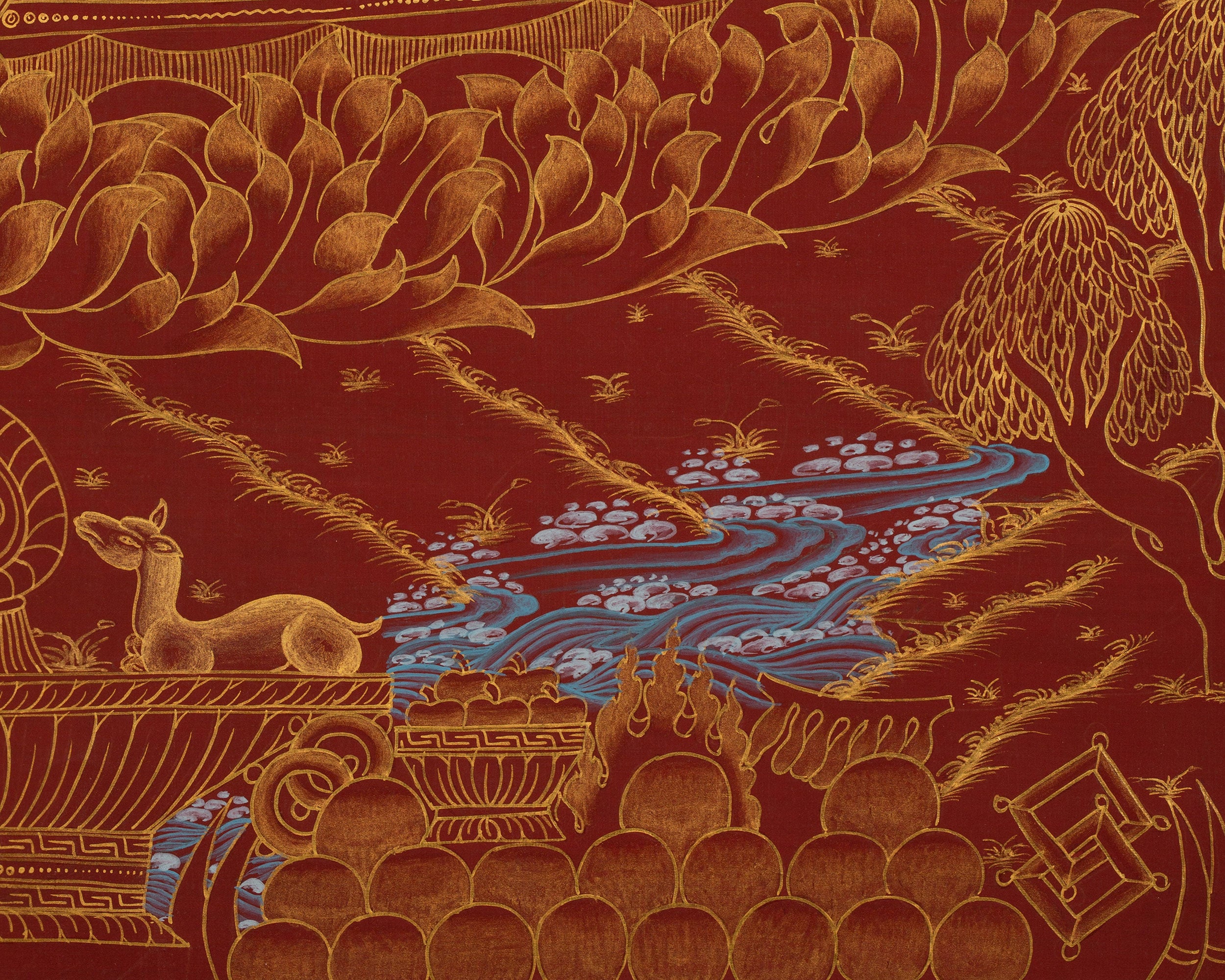 Lotus Born Guru Rinpoche Thangka | Buddhist Master in Red and Gold
