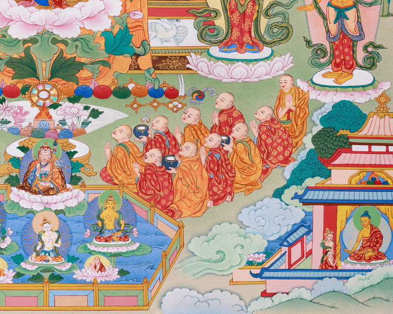 Buddhist Pure Land Thangka | Hand-Painted Amitabha Singham Artwork