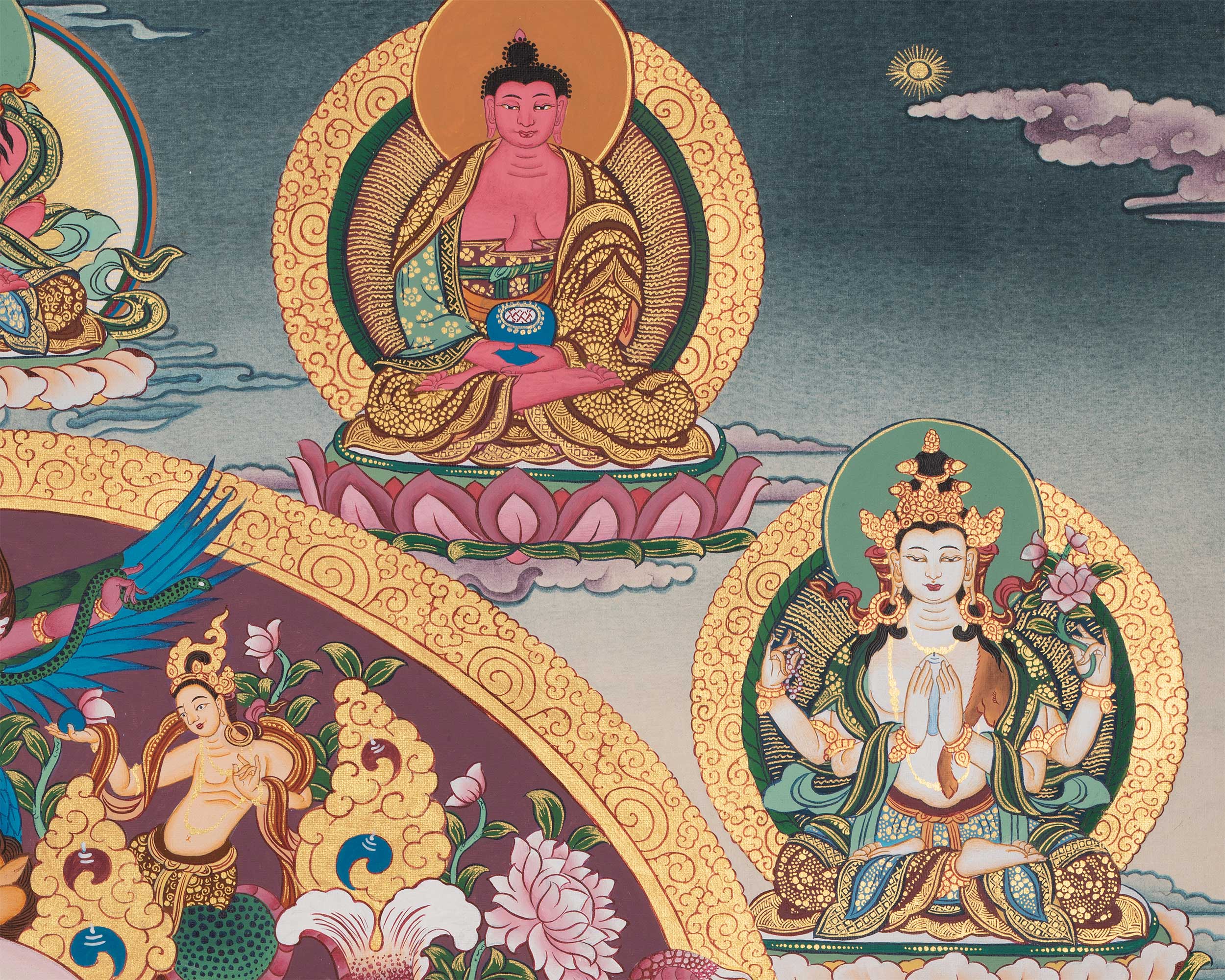Enlightened One, Shakyamuni Buddha in Celestial Throne | Timeless Thangka Painting