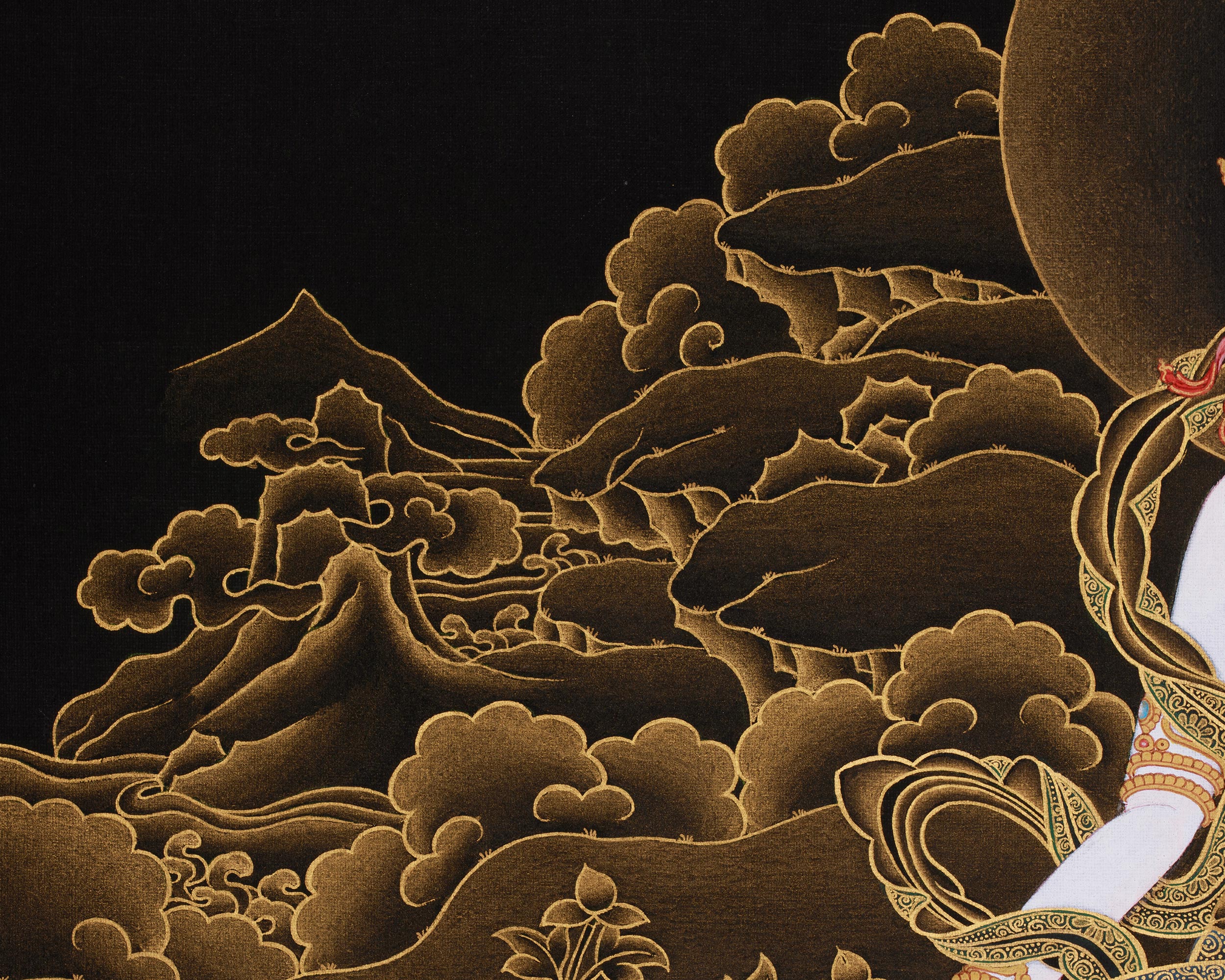 Hand-Painted Three Deities of Long Life: White Tara, Amitayus, and Namgyalma | Gold Embellished Thangka