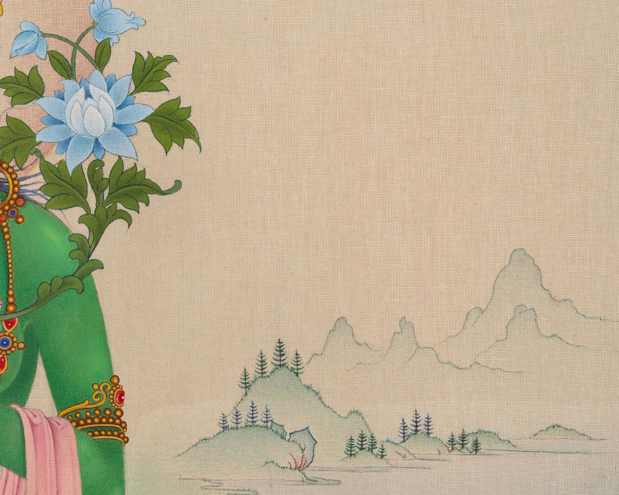 Mother Green Tara, A Thangka Painting in Natural Stone Colors