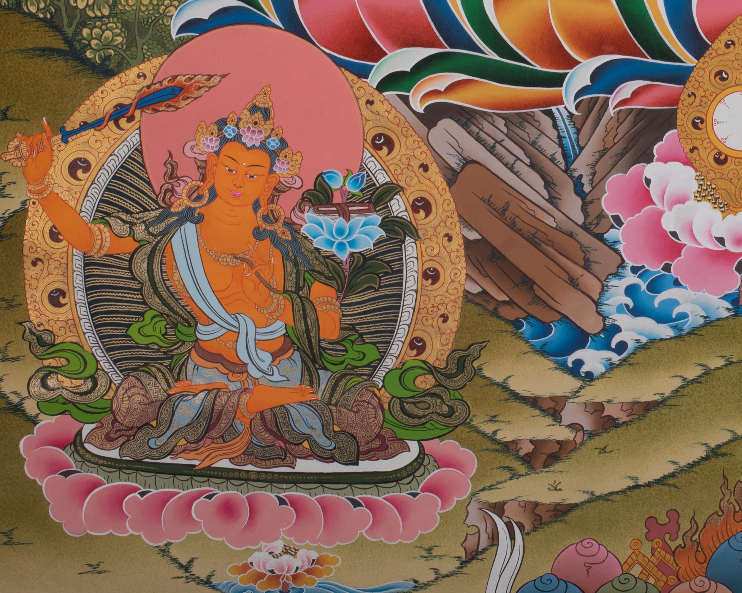 Large Size 4 Armed Chenrezig Thangka Painting with White Tara, Green Tara