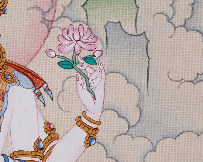 Hand-Painted 4 armed Avalokiteshvara Thangka | Buddhist Art of Compassion and Peace